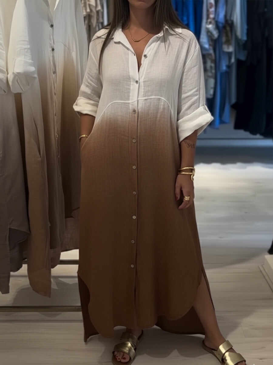 🔥Summer Arrivals🌟Casual Gradient Color Linen And Cotton Shirt Dress