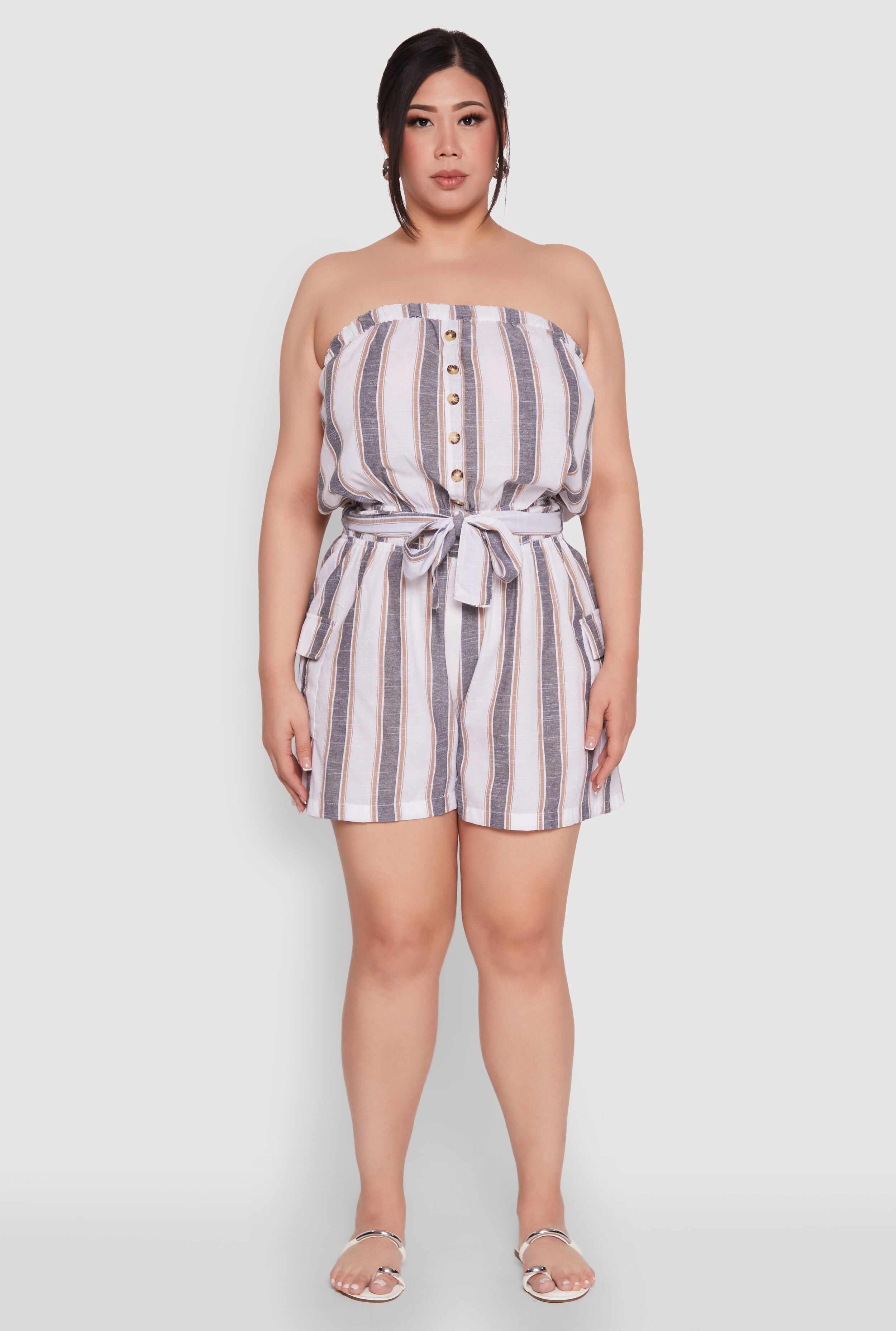 Plus Size Striped Tie Waist Belted Cargo Romper