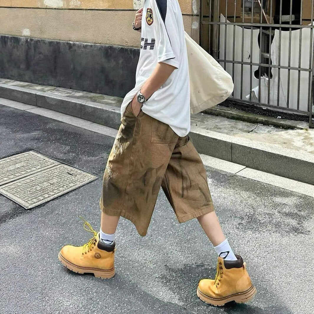 Washed Old Niche Design Straight Baggy Denim Shorts