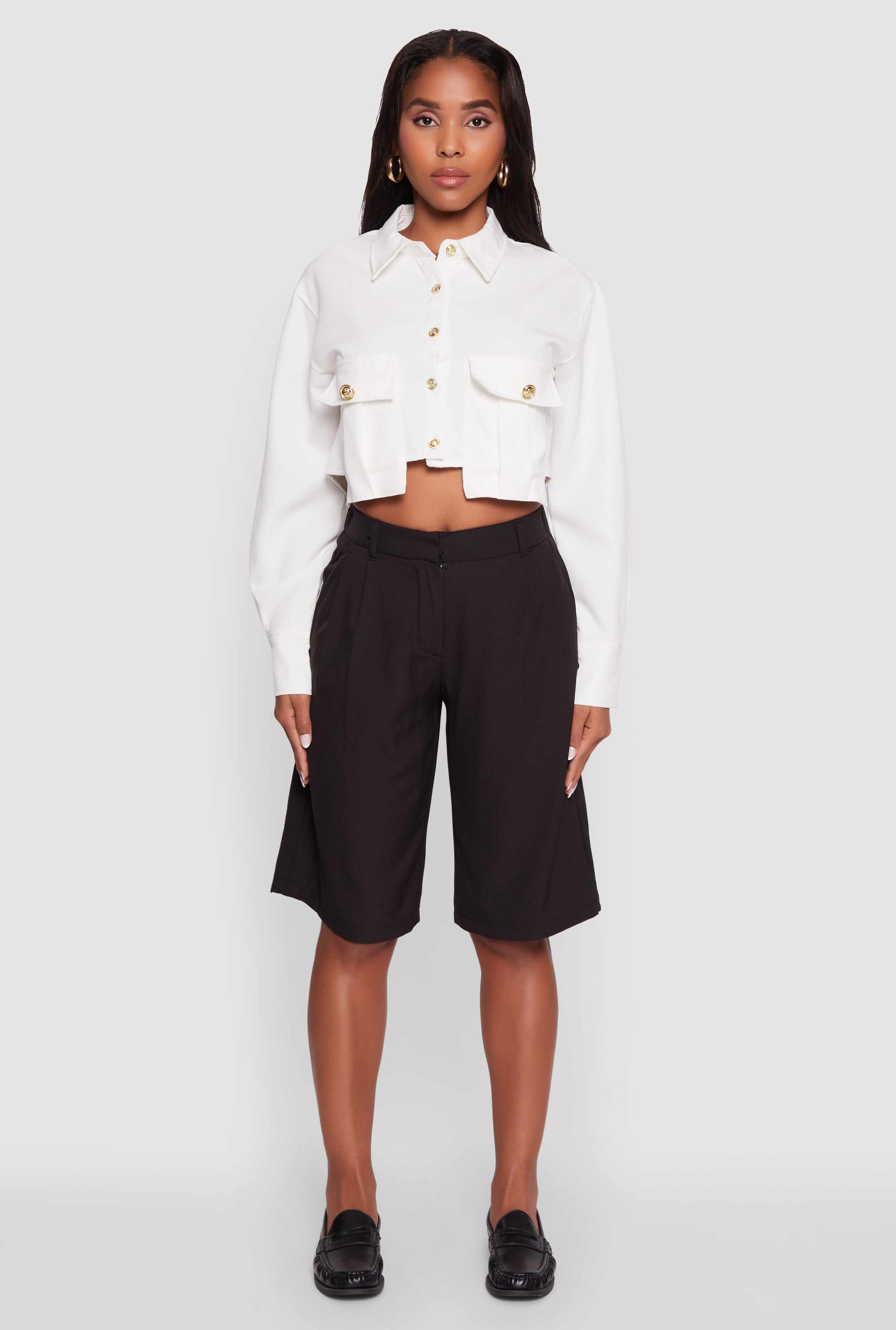 Classic Fit Solid Long Sleeve Shirt with Cropped Hem