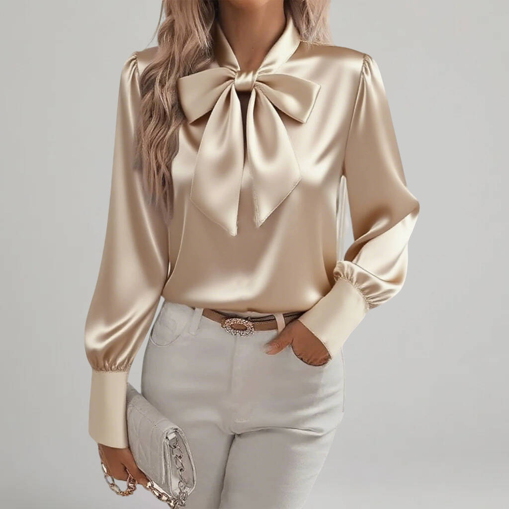 Women's Elegant Satin Bow Tie Neck Long Sleeve Blouse