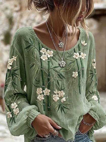 Digital Print Women's Round Neck Retro Bohemian Top