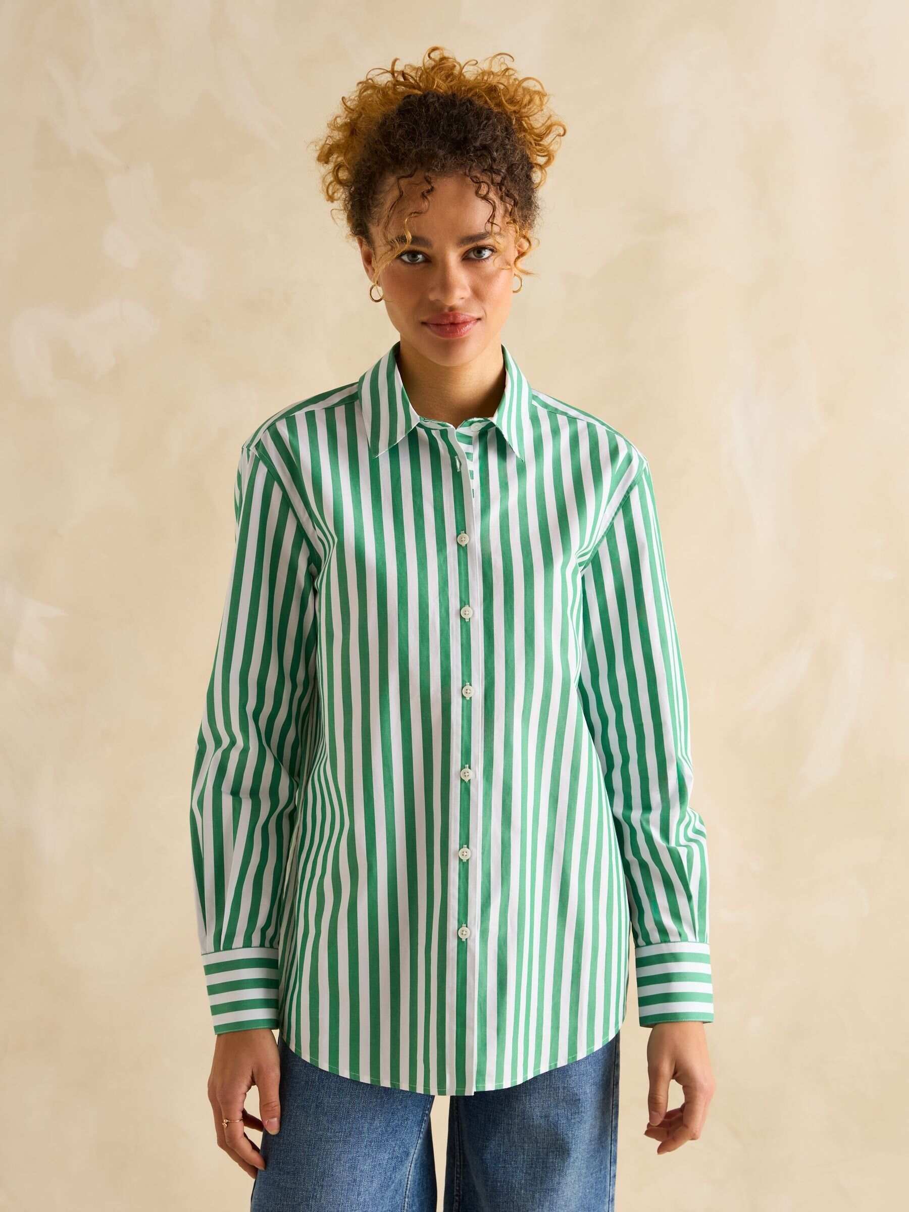 Amilla Green & White Stripe Longline Relaxed Fit Shirt