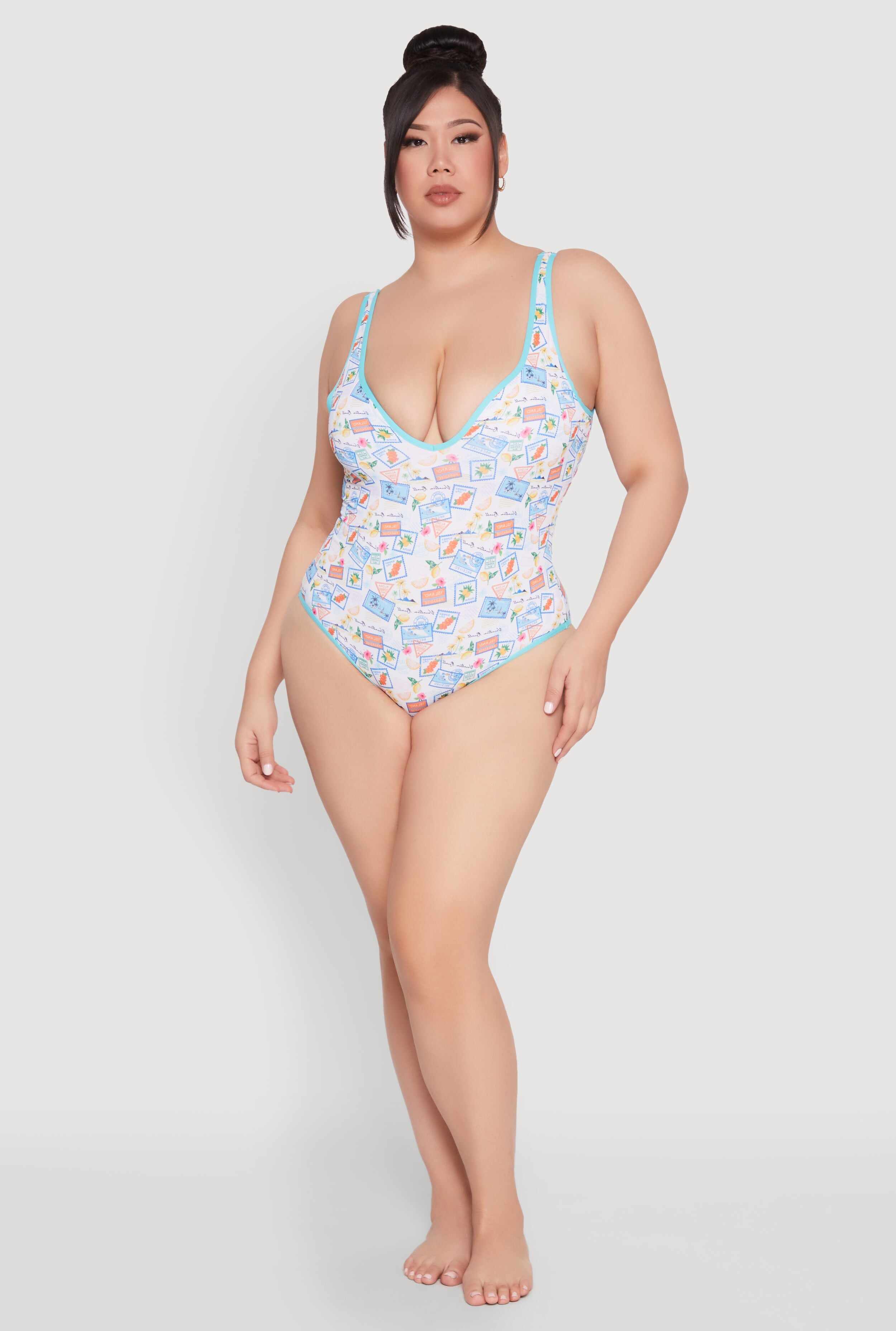 Plus Size Tropical Stamp Print One Piece Swimsuit