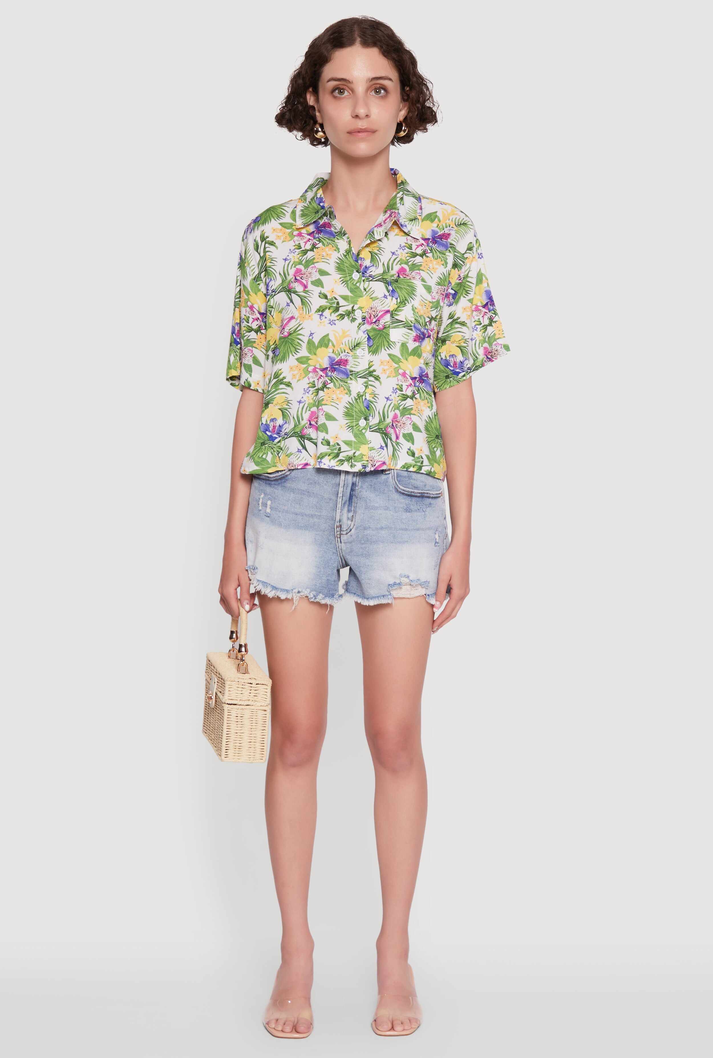 Trendy Tropical Floral Button Front Short Sleeve Shirt