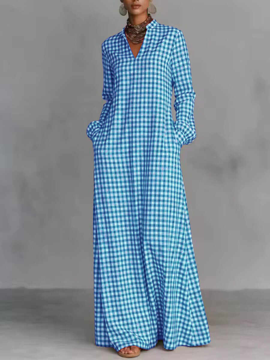 🔥Summer Arrivals🌟Women's Plaid Print V-neck Long-sleeved Casual Loose Cotton And Linen Dress