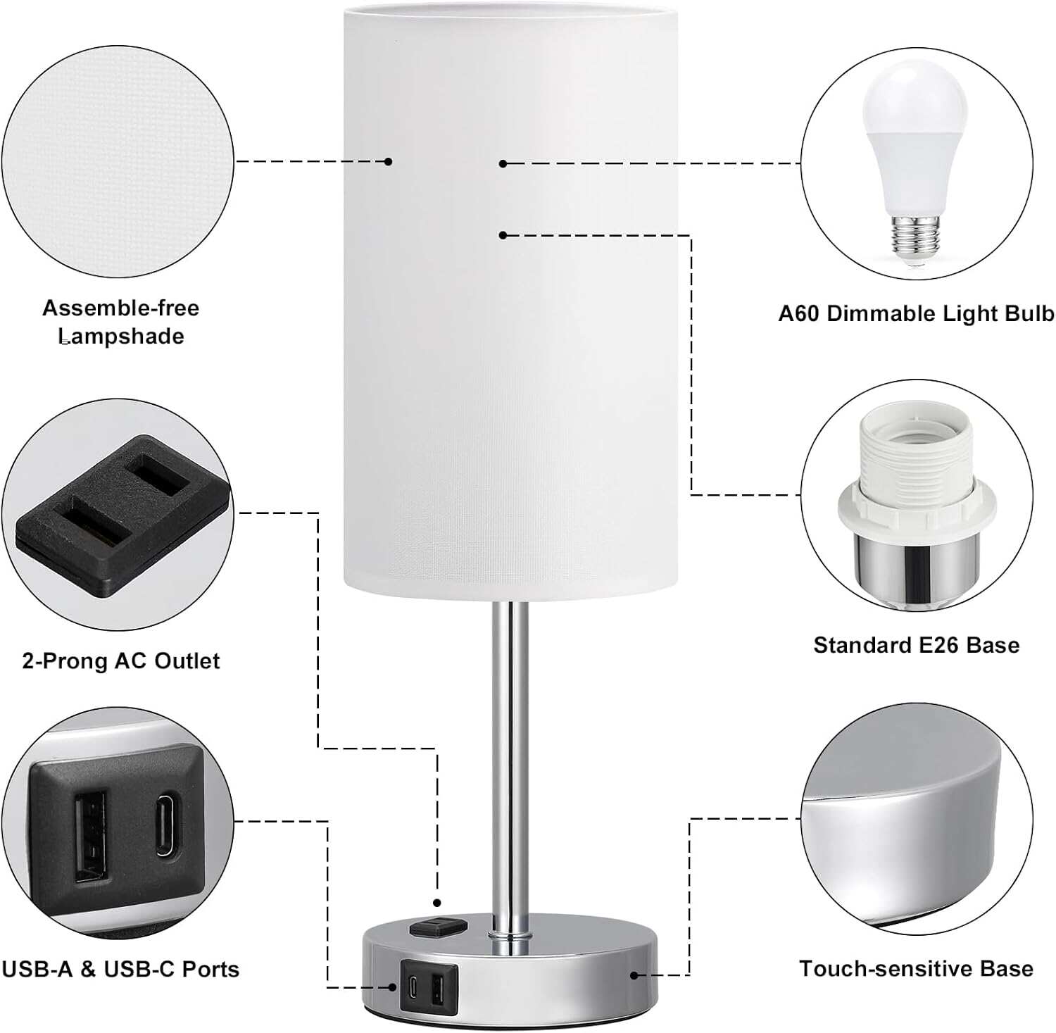 Bedside Table Lamp for Bedroom - 3 Way Dimmable Touch Lamp USB C Charging Ports and AC Outlet, Small Lamp Wood Base Round Flaxen Fabric Shade for Living Room, Desk, LED Bulb Included