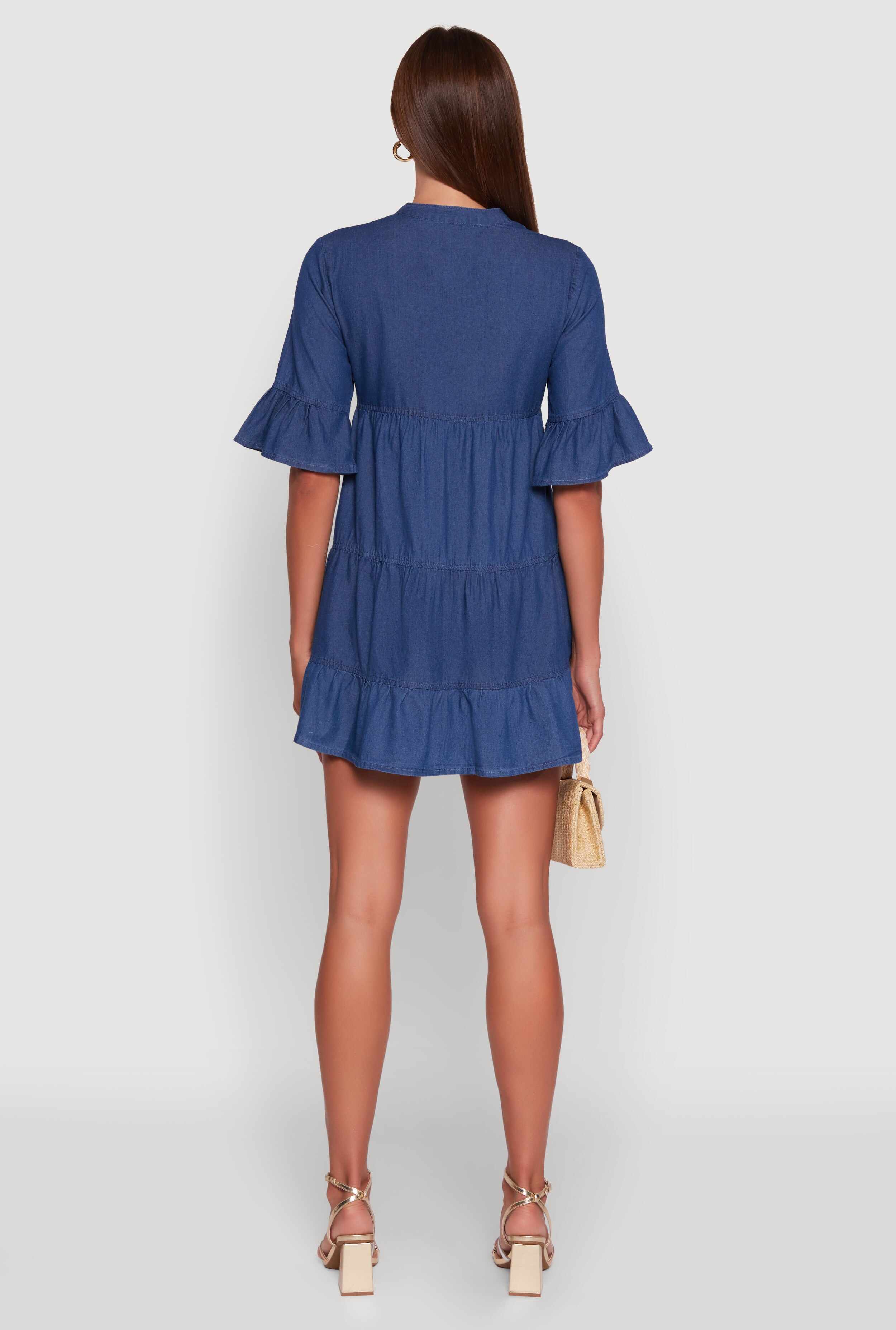 Trendy Denim Button Front Tiered Mini Dress