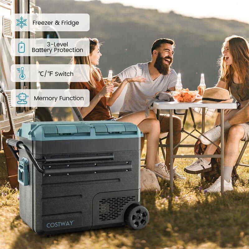 61 Quart Portable Car Refrigerator with Wheels 12/24V DC & 110-240V AC Dual-zone Electric Car Cooler Fridge for RV Camping Travel Home