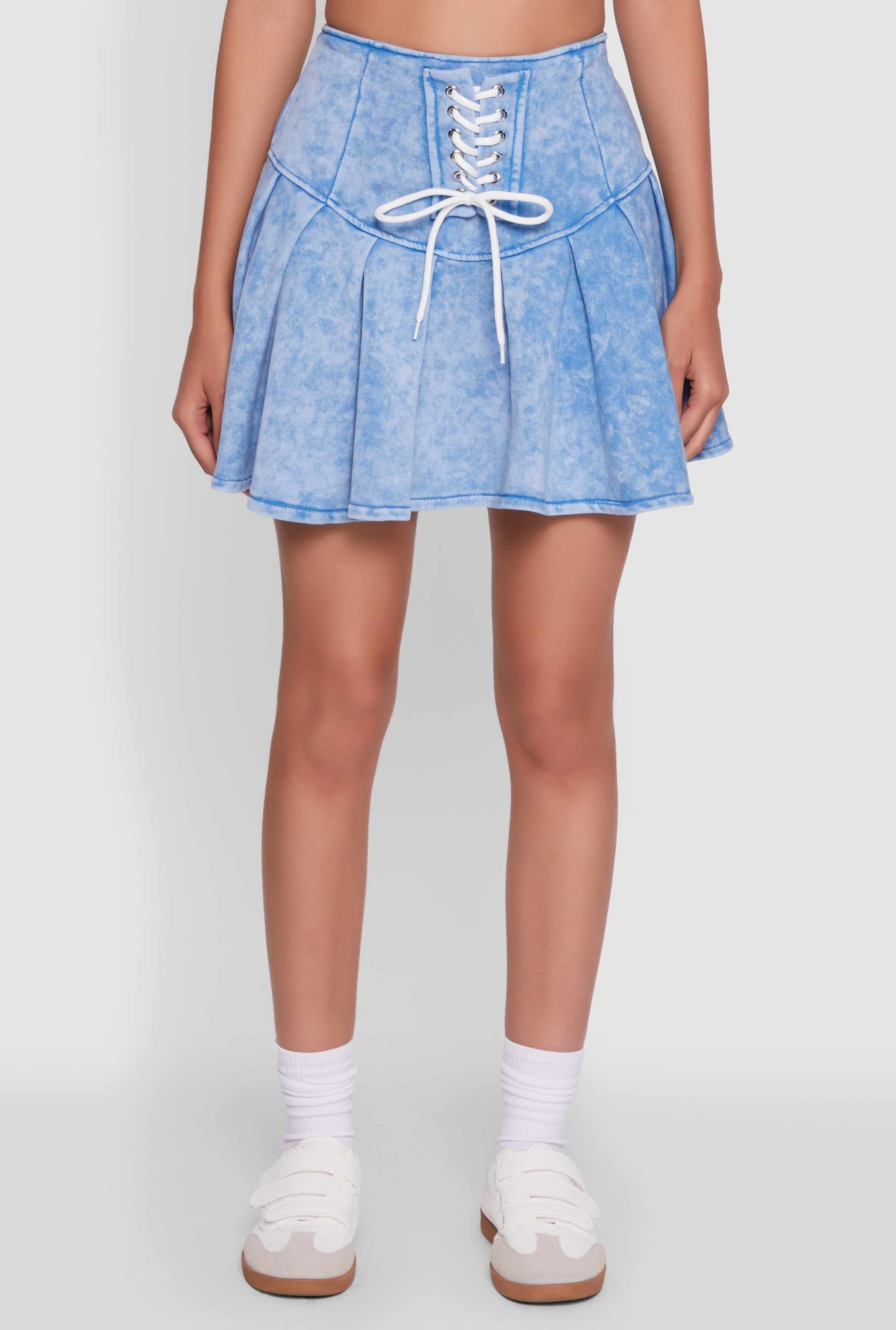 Trendy Lace Up Detail Mineral Wash Pleated Skirt