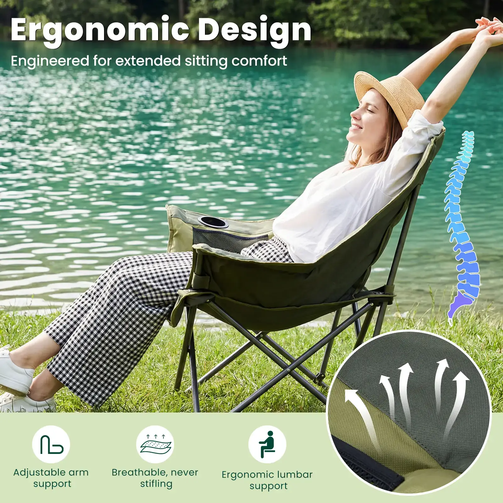 Comfort Folding Camping Chair，With 440 Lbs Capacity, Reinforced Steel Frame And 600D Oxford Fabric, 2 Cup Holders And Side Pockets, Folds Into Carry Bag, Perfect For Outdoor Concert And Glamping