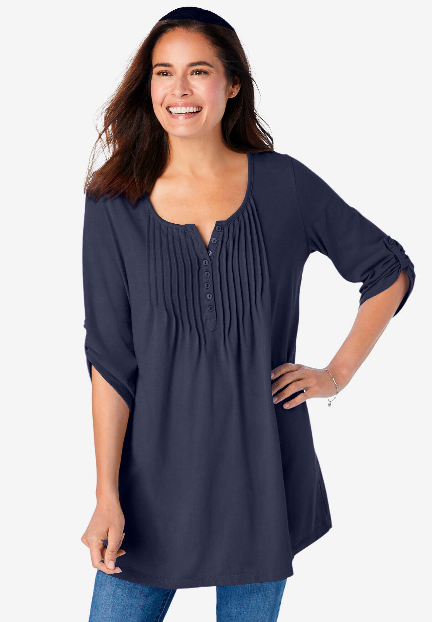 7-Day Three-Quarter Sleeve Pintucked Henley Tunic