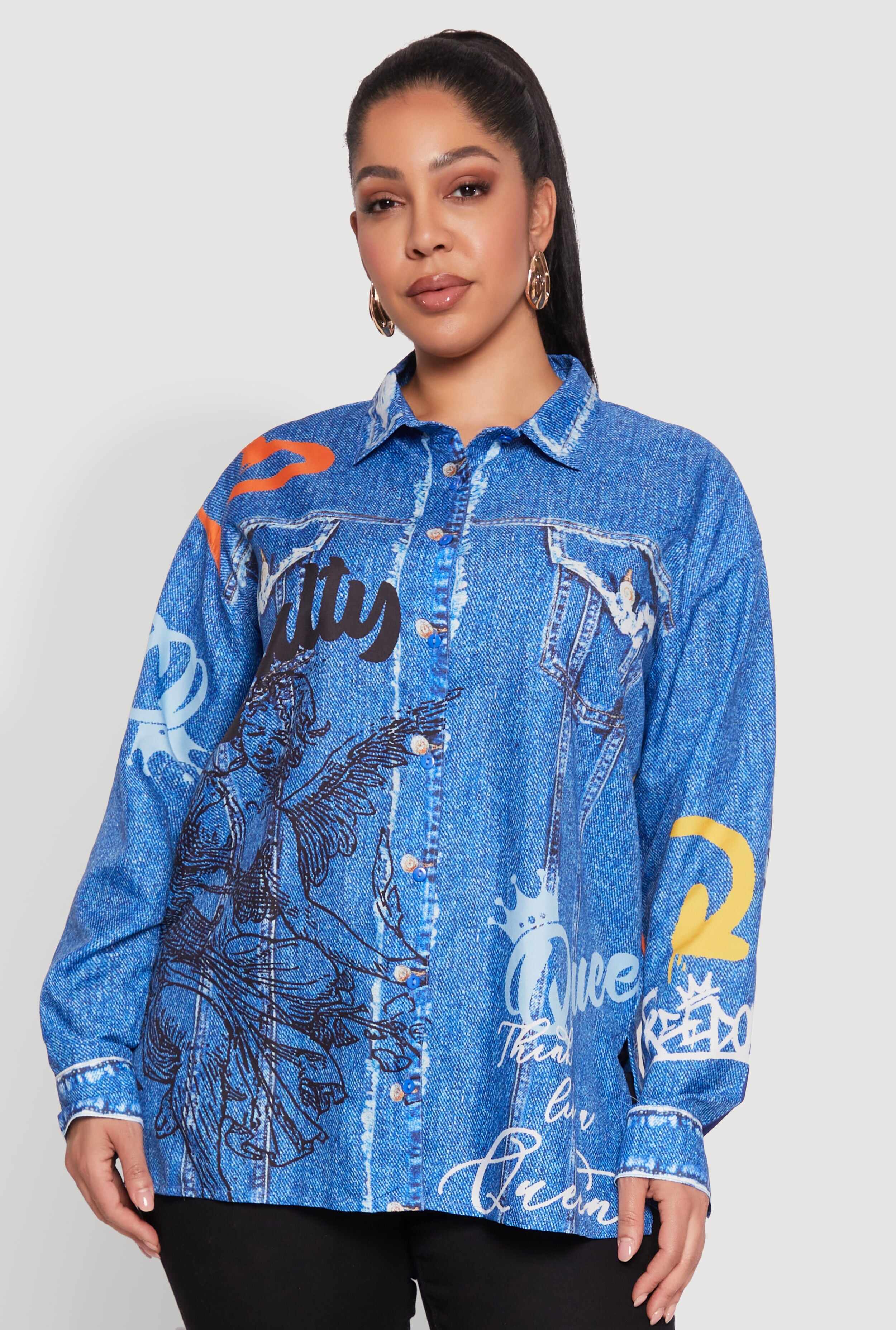 Plus Size Graffiti Denim Graphic Shirt