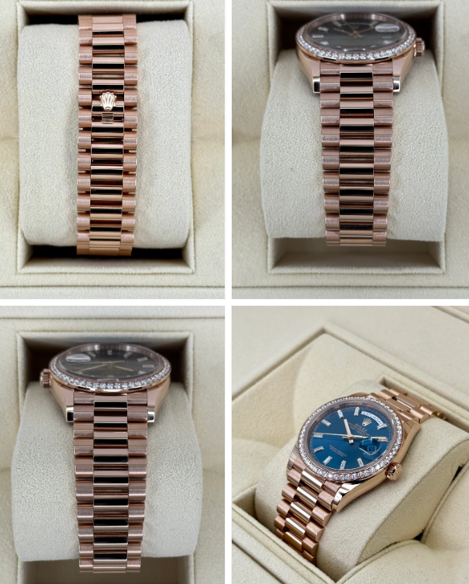 NEW 2025 Rolex Day-Date 36mm 128345RBR Rose Gold Blue Baguette Dial