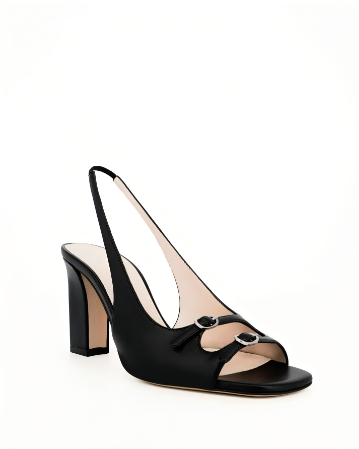 Black Leather Slingback Block Heels