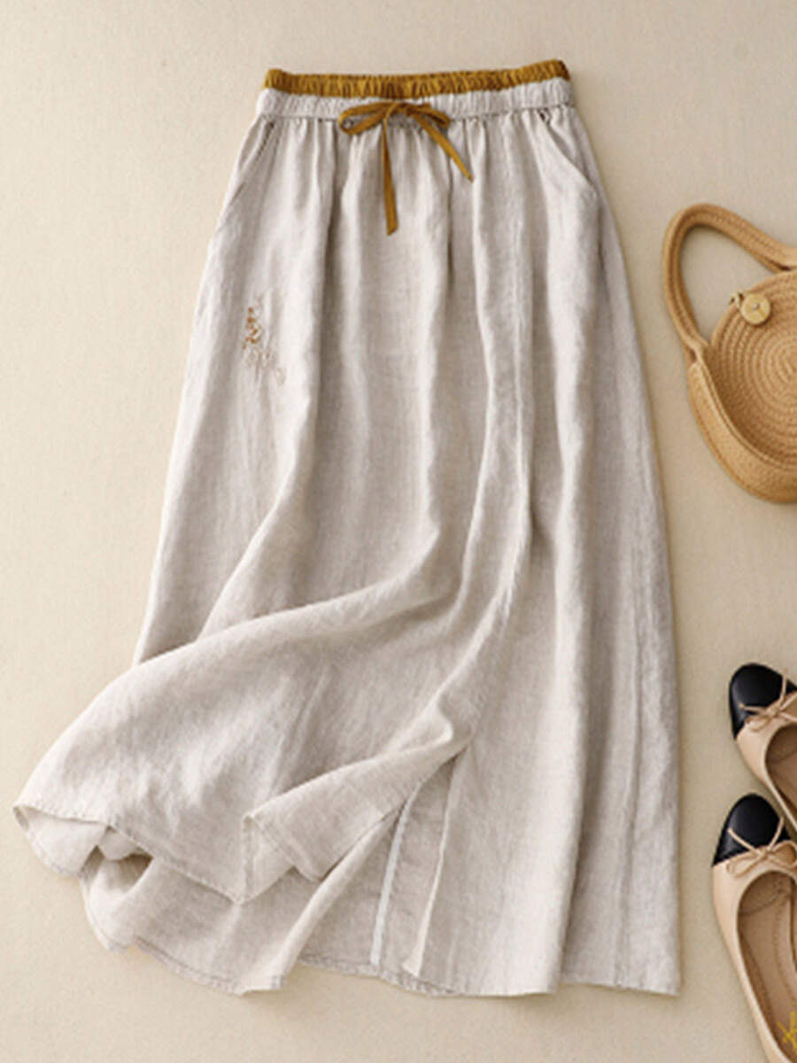 🔥Summer Arrivals🌟Women's Artistic Embroidery Elastic Waist Colorblock A-Line Loose Linen Skirt