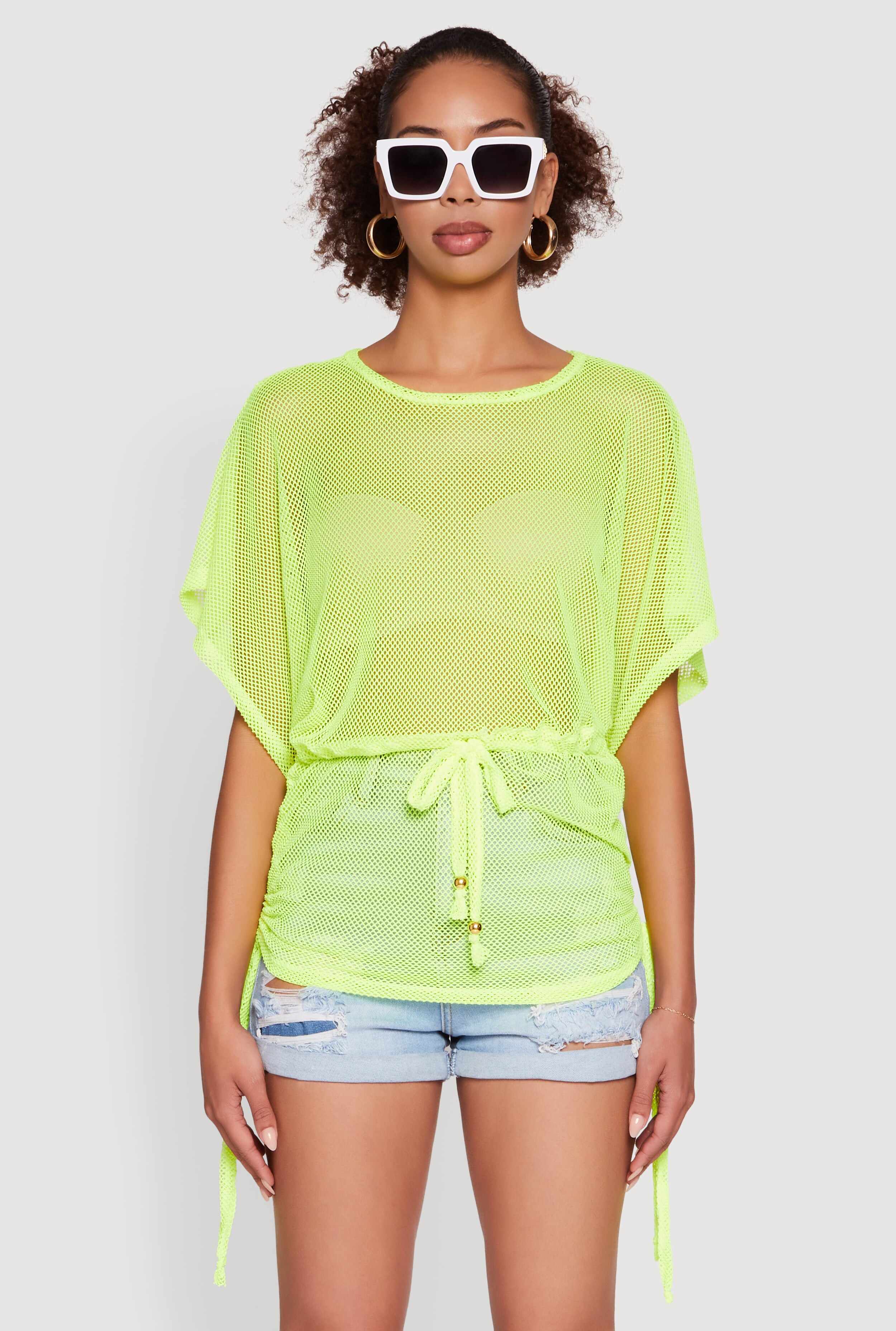 Trendy Fishnet Tunic Top with Drawstring Waist