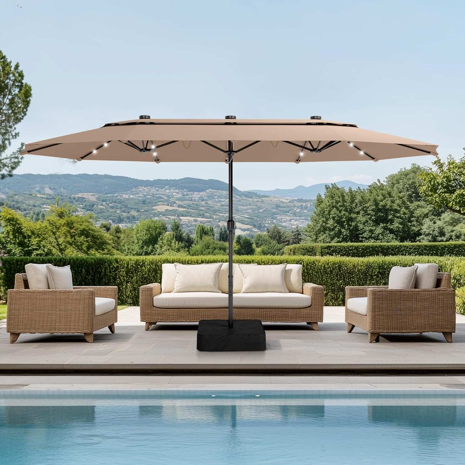 15ft Double-Sided Rectangular Patio Umbrella with Solar LED Lights & Base