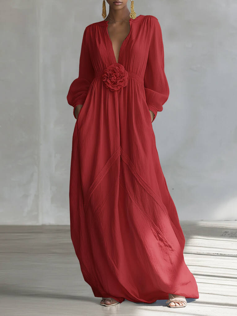 🔥Summer Arrivals🌟Elegant Three-dimensional Floral Cotton And Linen Maxi Dress