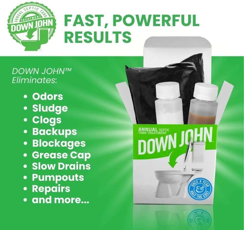 Down John (Once-A-Year) Septic Tank Treatment | 1 Year Supply | 3-Part Concentrate Live Bacteria, Carbon & Enzyme Treatment | Odor Neutralizer | Cleans Septic Lines & Improves Drain Field Absorption