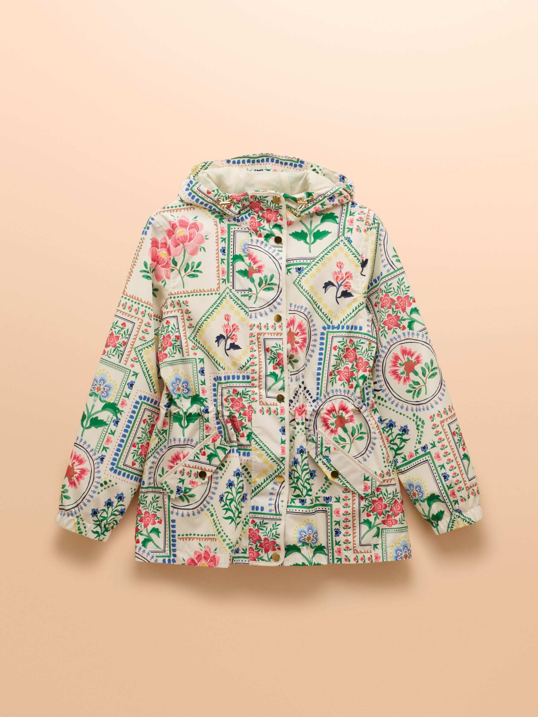 Holt Cream Tile Print Waterproof Packable Raincoat with Hood