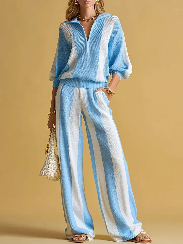 🔥Summer Arrivals🌟Women's Striped Print Cardigan Collar Three-quarter Sleeve Knitted Top And High-waisted Casual Loose Wide-leg Pants Knitted Set.