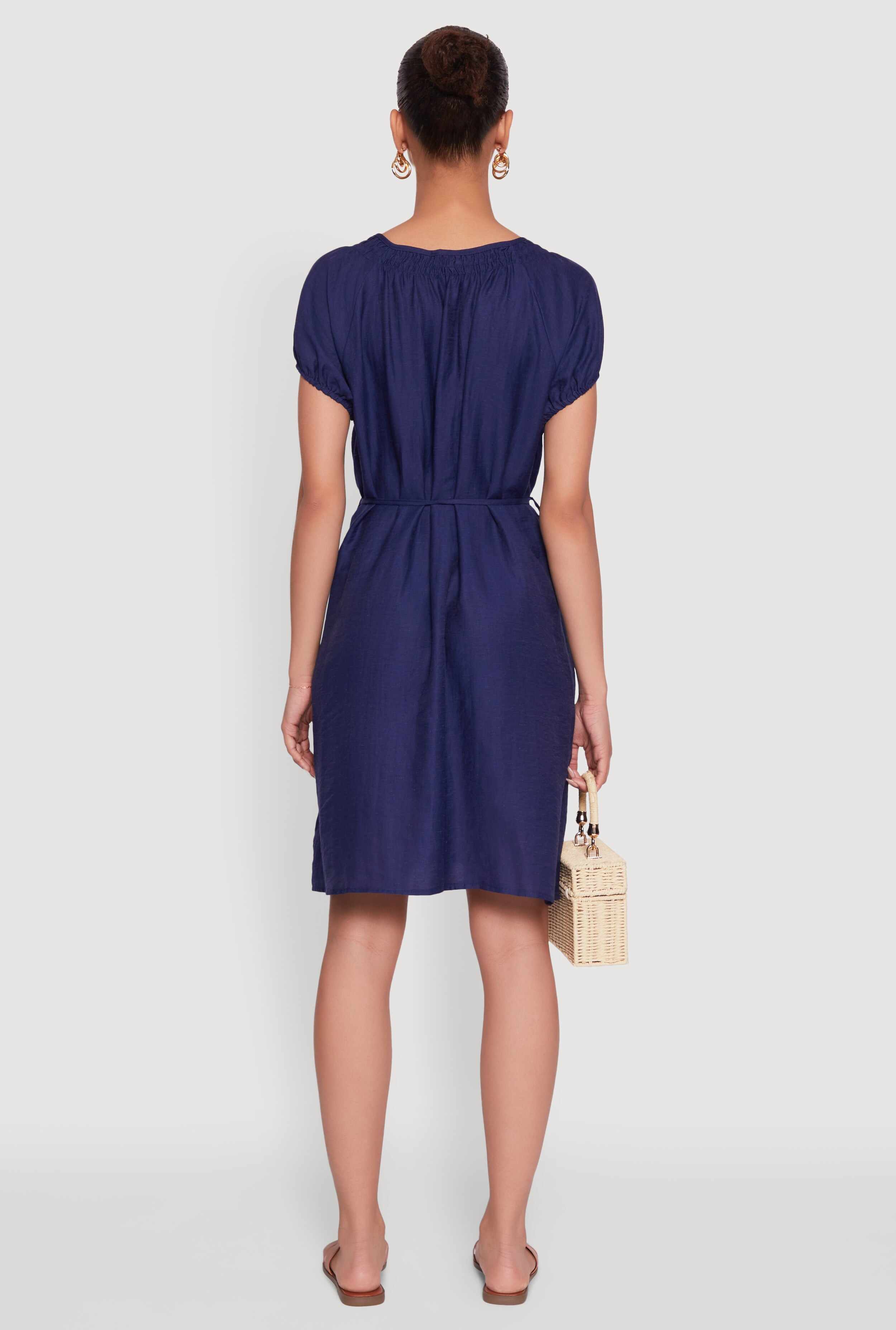 Chic Linen Peasant Dress with Pockets and Tie Waist Belt