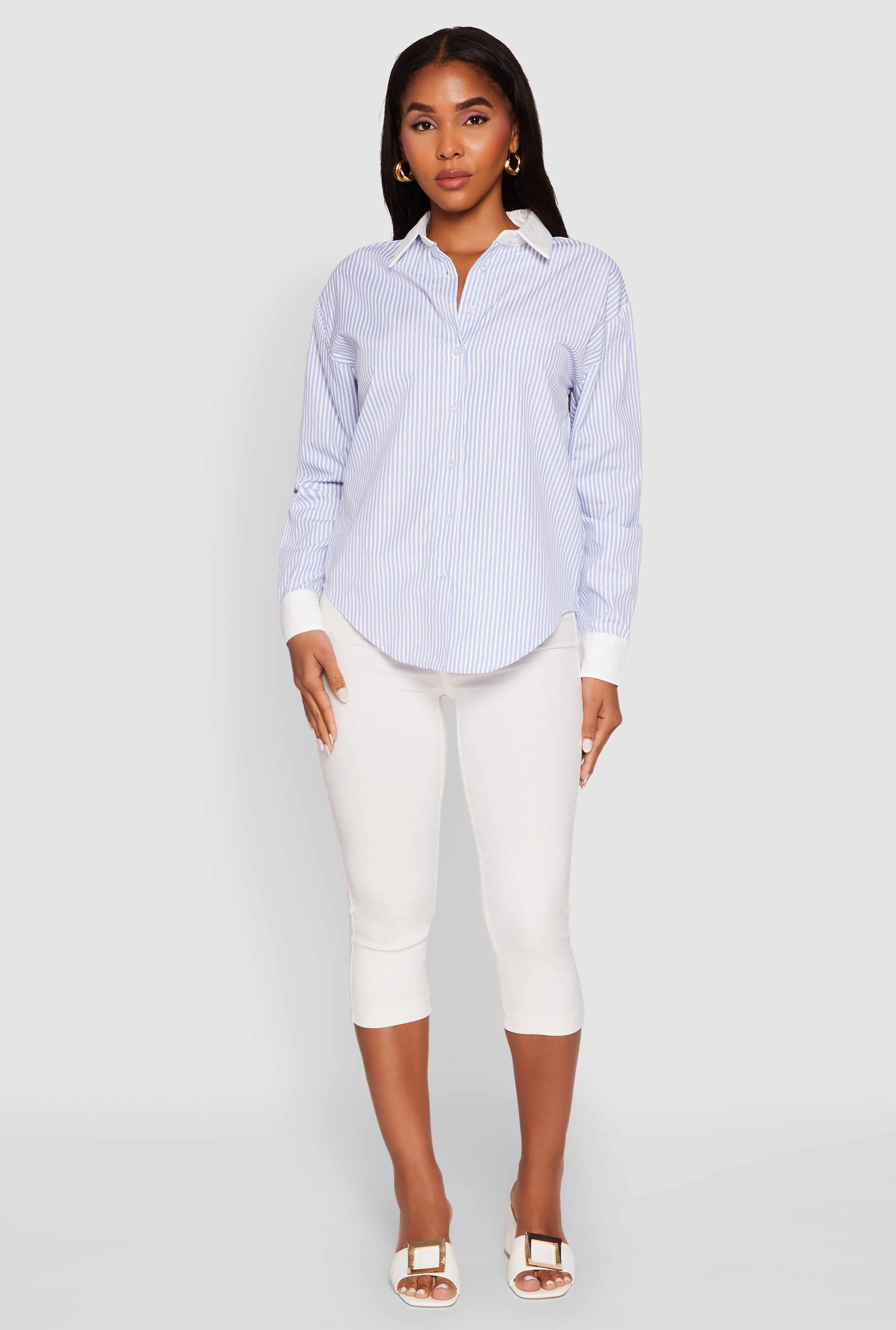 Haute Monde Striped Poplin Shirt with Contrast Trim