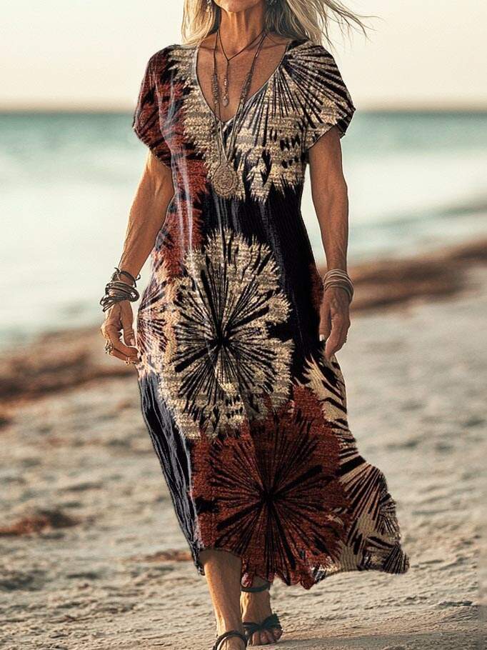Women's Vintage Ethnic Tie-Dye Art Print Pocket Cotton Dress