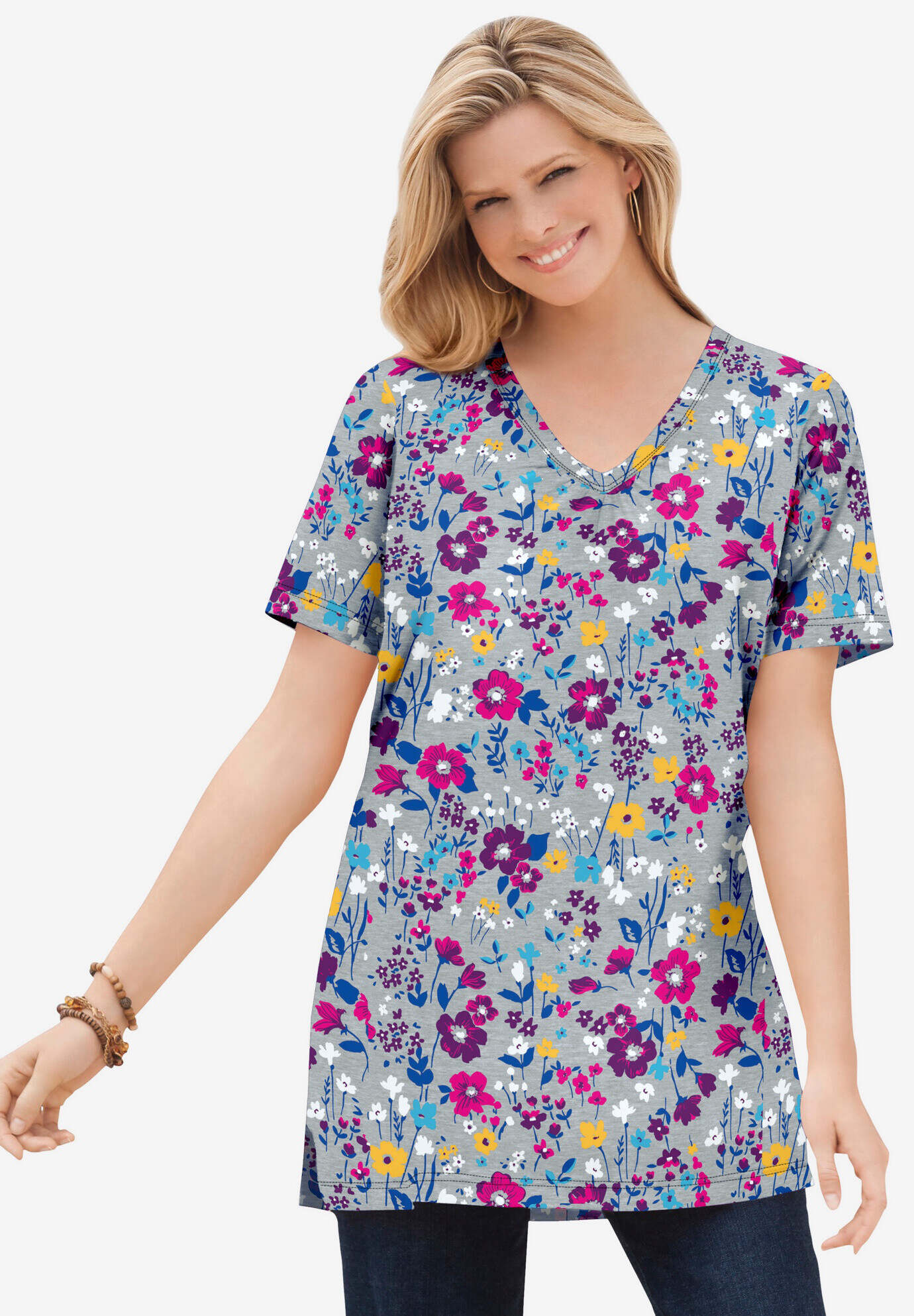 Perfect Printed Short-Sleeve Shirred V-Neck Tunic