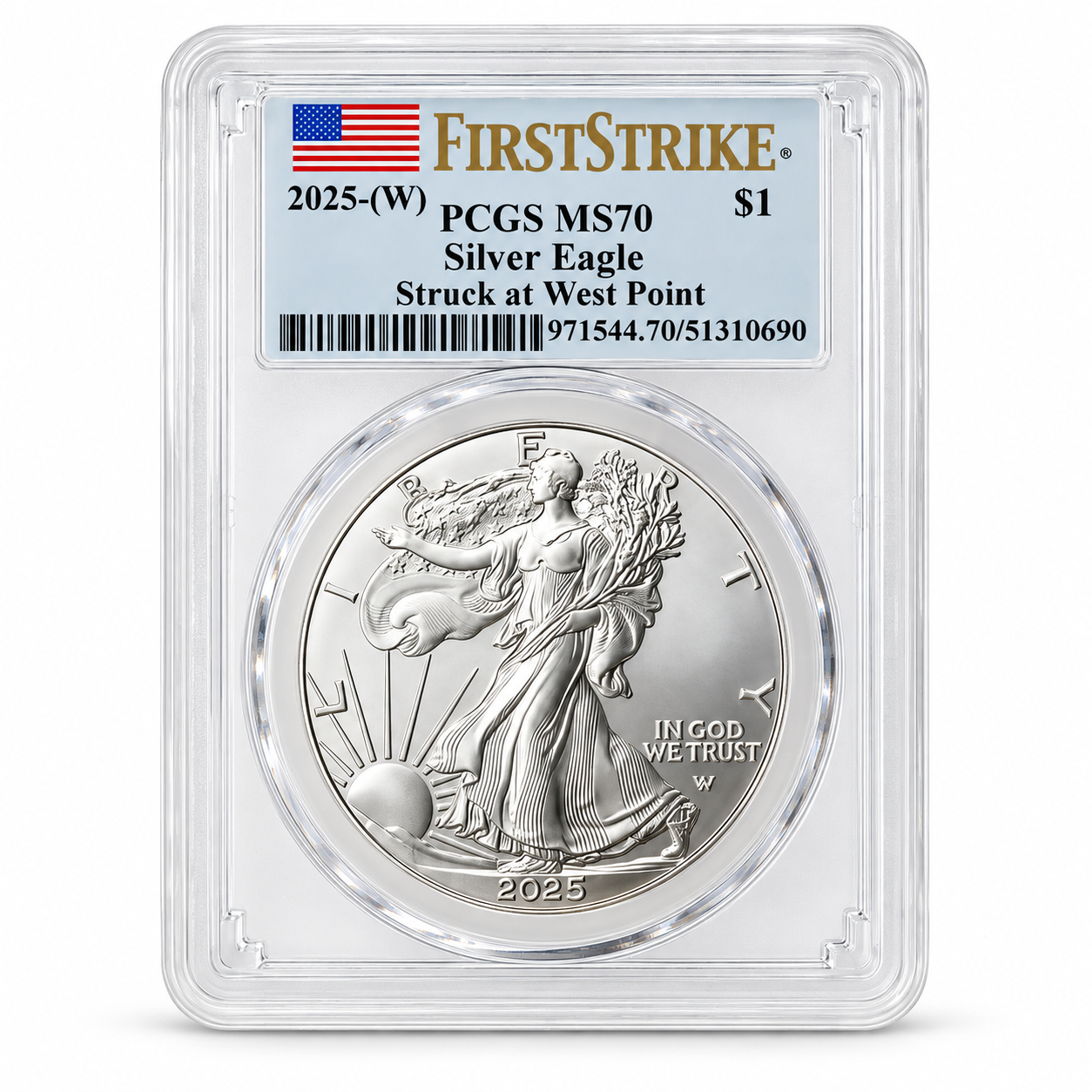 2025 1 oz American Silver Eagle MS70 (First Strike, Struck at West Point, Flag Label)