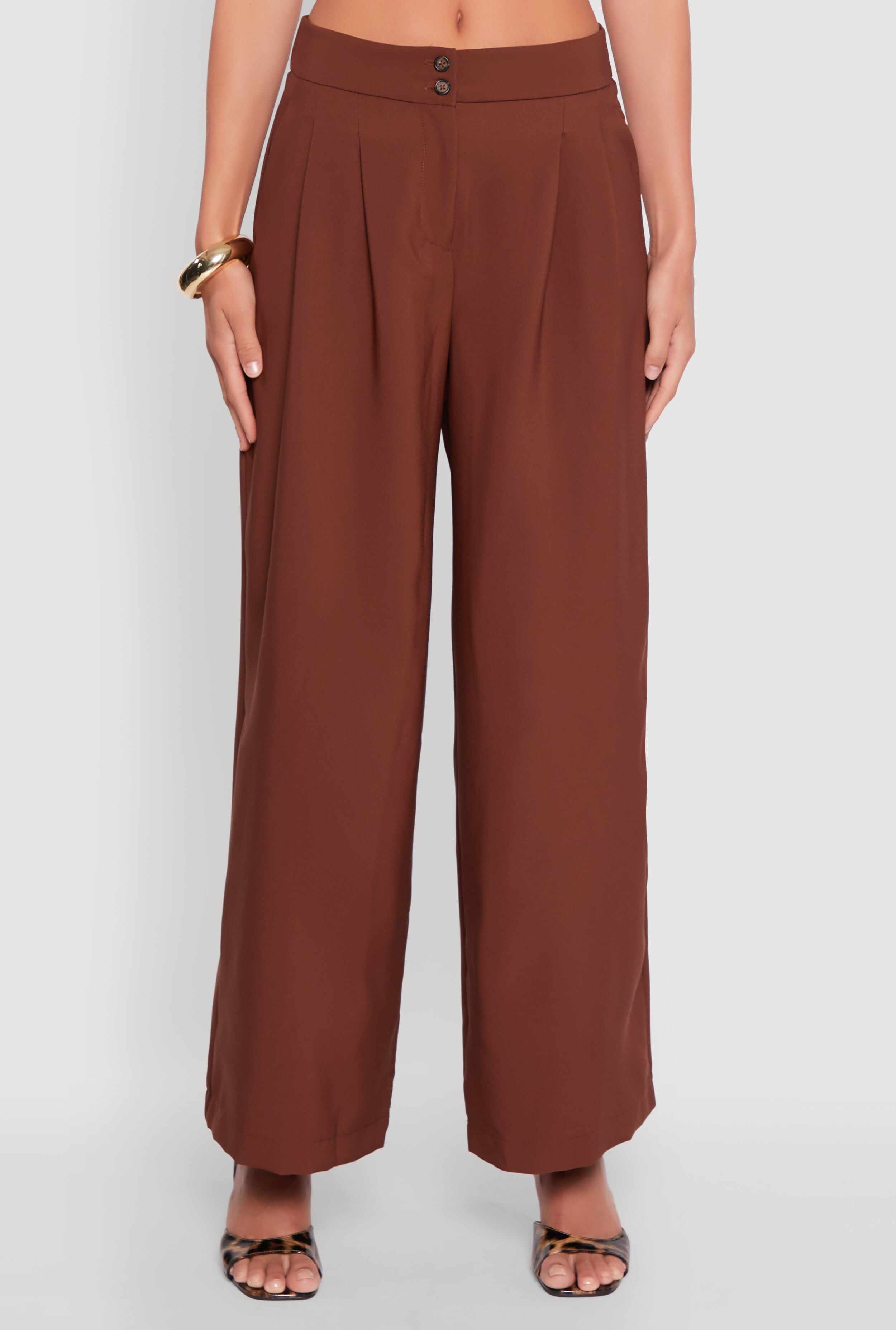 Solid Crepe Knit Pleated Detail Wide Leg Trousers
