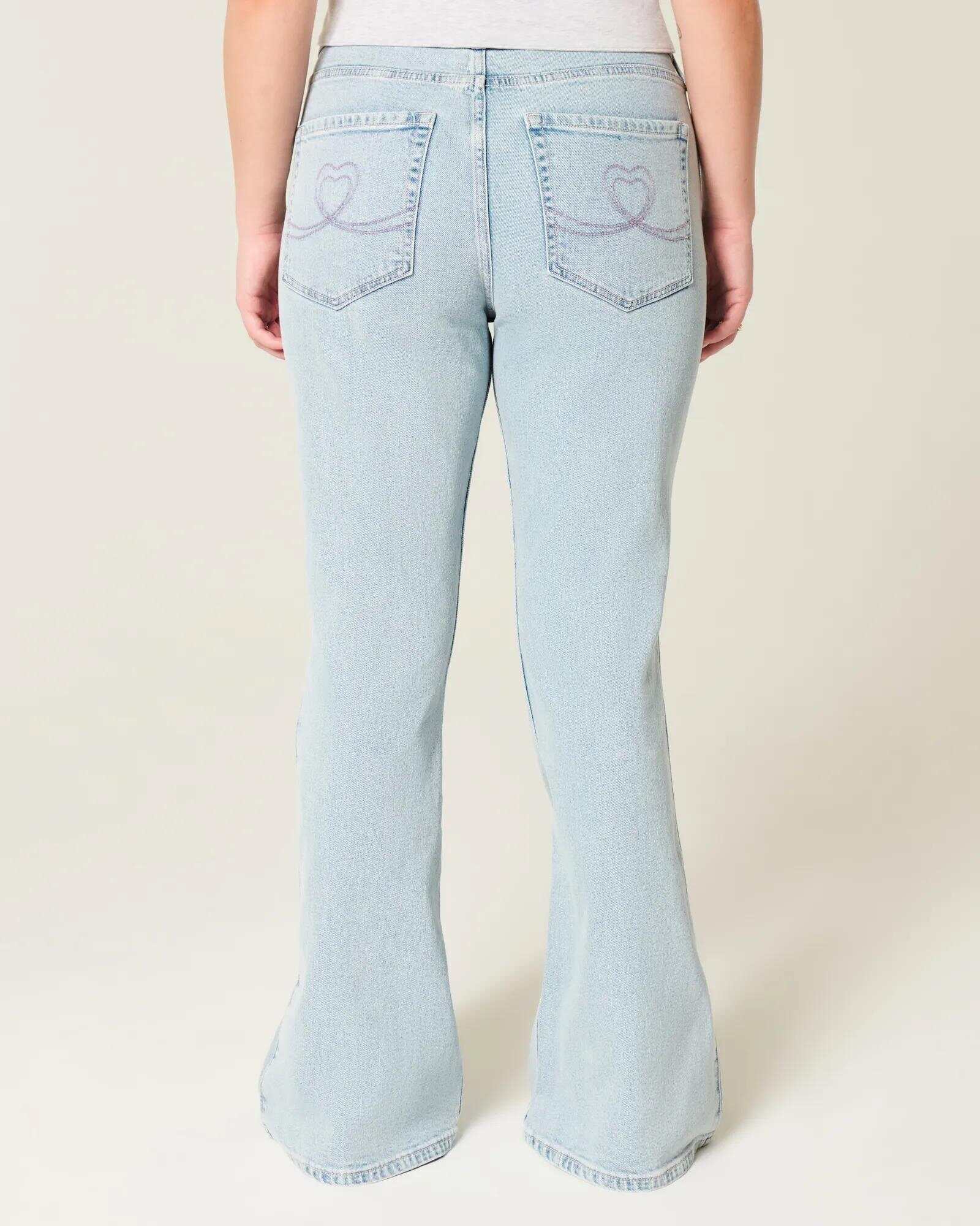 High-Rise Light Wash Heart Embroidered Flare Jeans