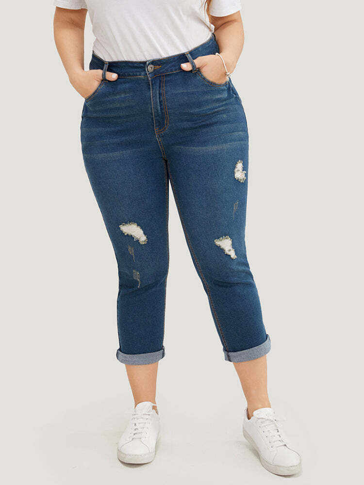 Very Stretchy  Dark Wash Roll Hem Cropped Jeans