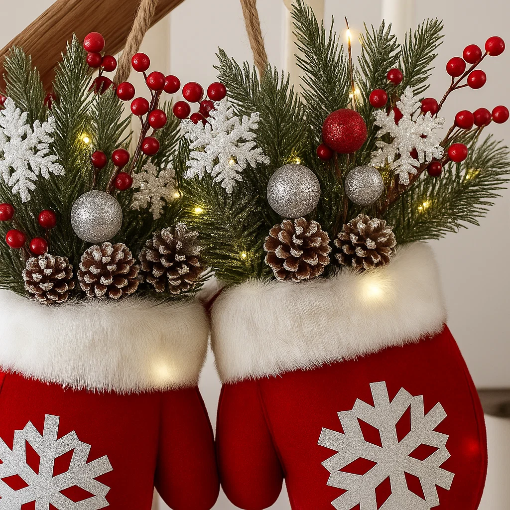 🔥Last Day 50% OFF🔥Twinkling Christmas Mitten Wreath with 120 LED Lights & 10H Auto Timer