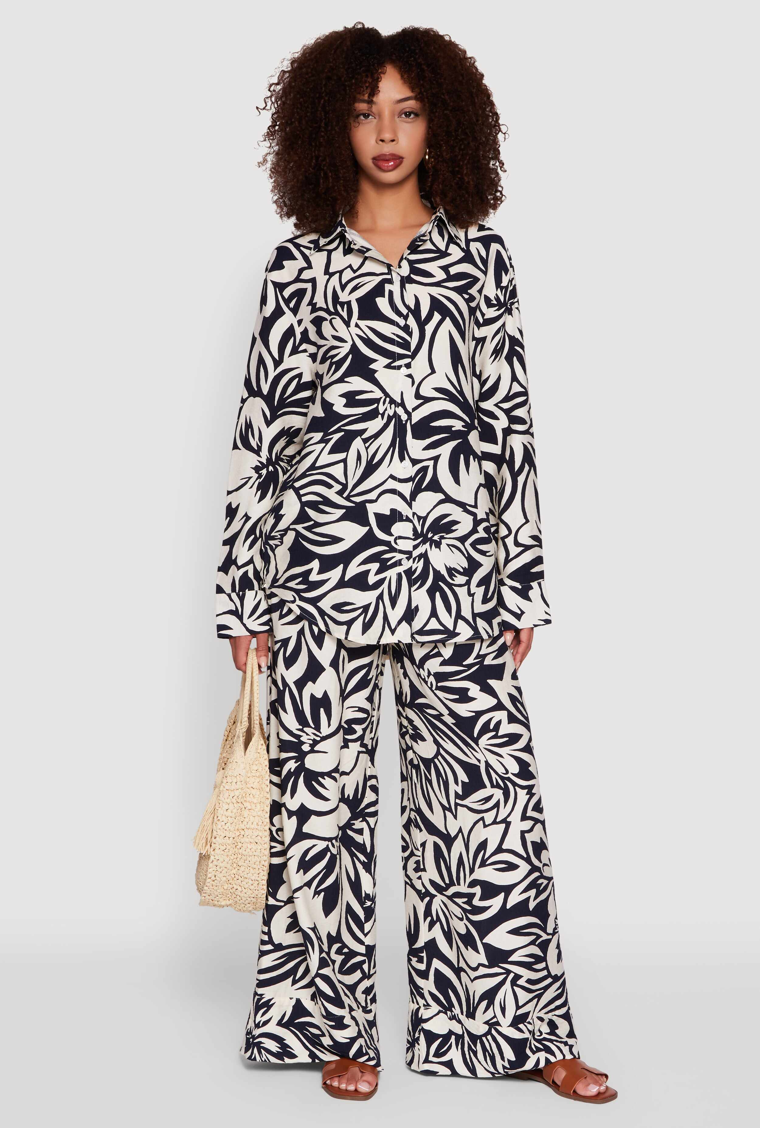 Floral Print Crepe Knit Button Front Blouse