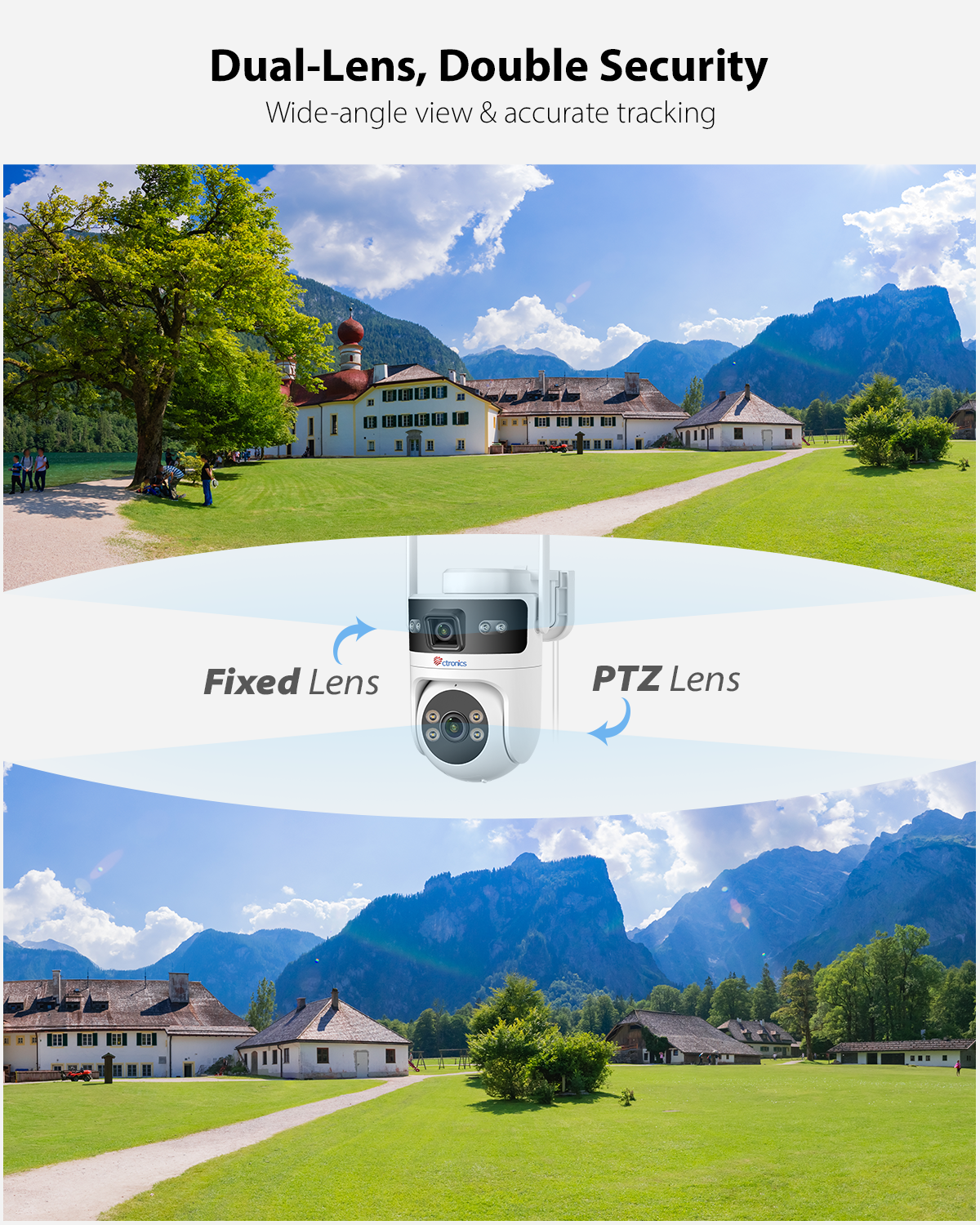 Ctronics Outdoor PoE WiFi Surveillance Camera, Dual-Lens, Dual-Band 5GHz/2.4GHz Wireless IP PTZ Camera with Human Detection