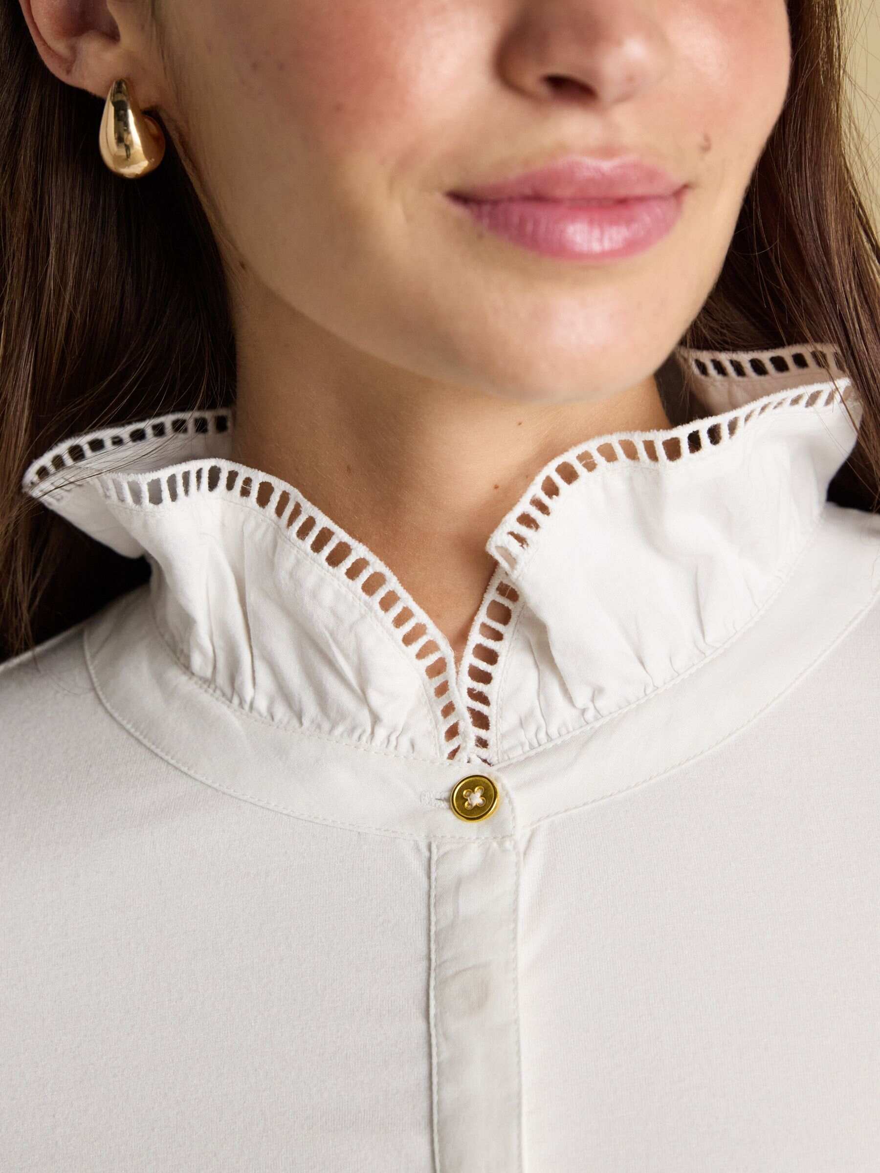 Kate White Long Sleeve Frilled Neck Top