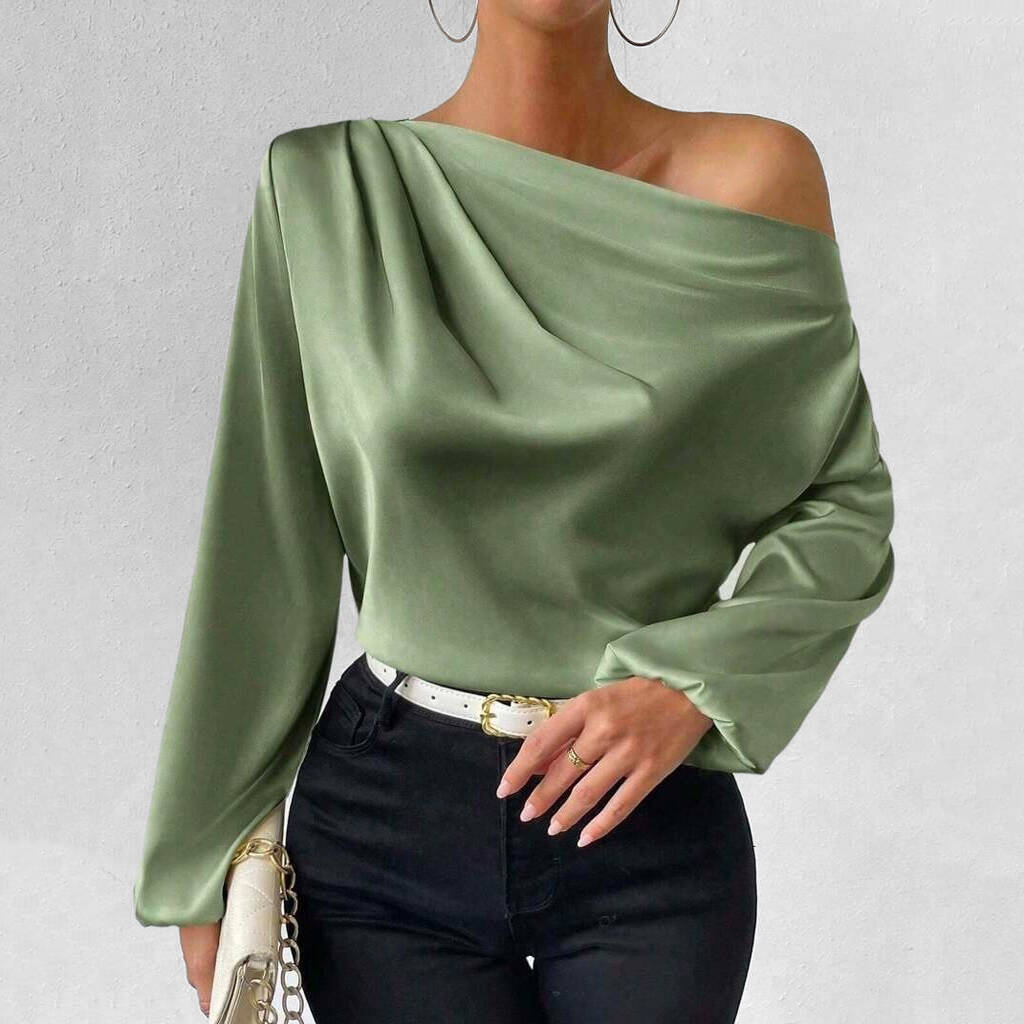 Women's Elegant Draped Skew Neck Long Sleeve Solid Satin Blouse