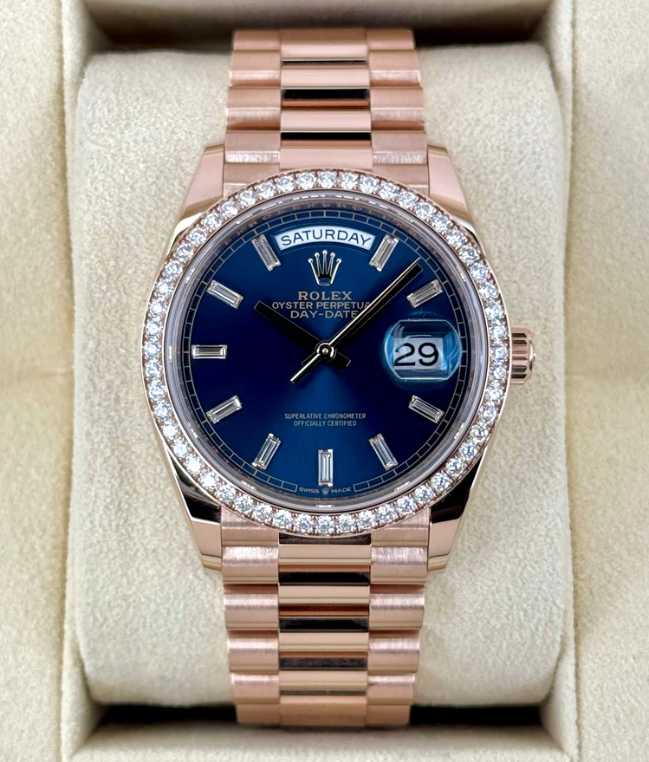 NEW 2025 Rolex Day-Date 36mm 128345RBR Rose Gold Blue Baguette Dial