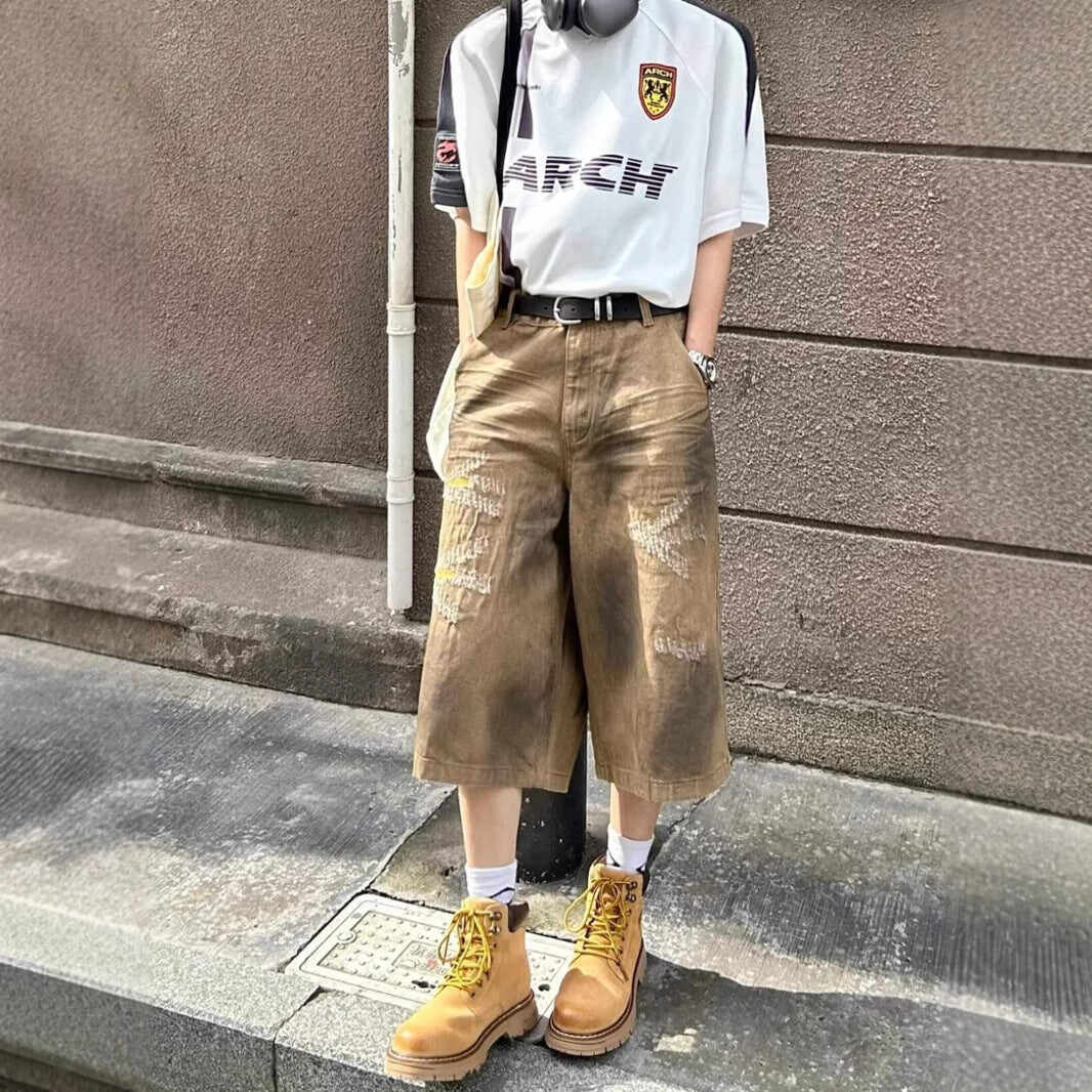 Washed Old Niche Design Straight Baggy Denim Shorts