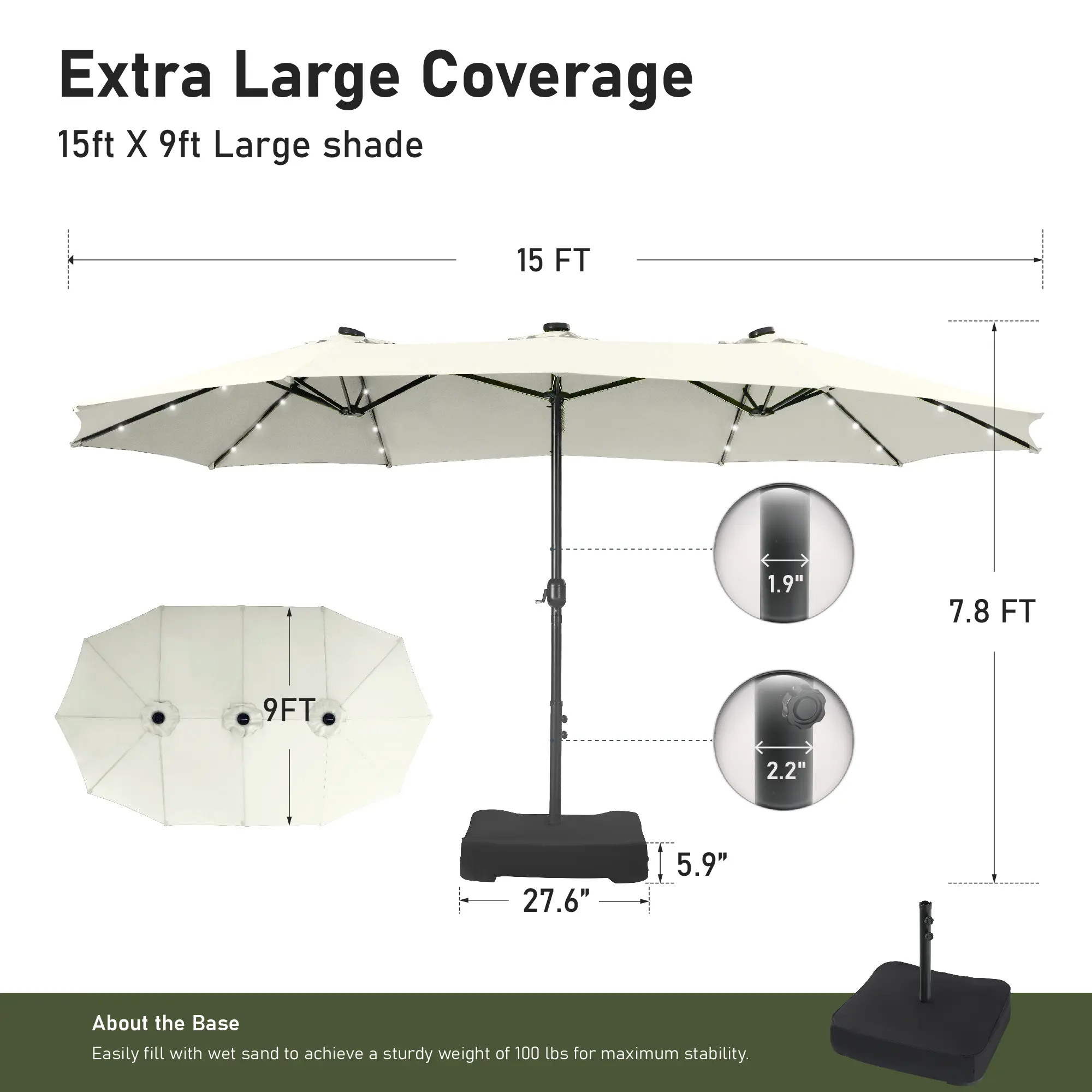 15ft Large Outdoor Patio Umbrella with Base – LED Light Option, Double-Sided, Crank Handle, Waterproof，Comes with Weighted Base and Sandbag, Accommodates 10 People, Great for Poolside, Garden, Lawn, Backyard, Deck and Beach