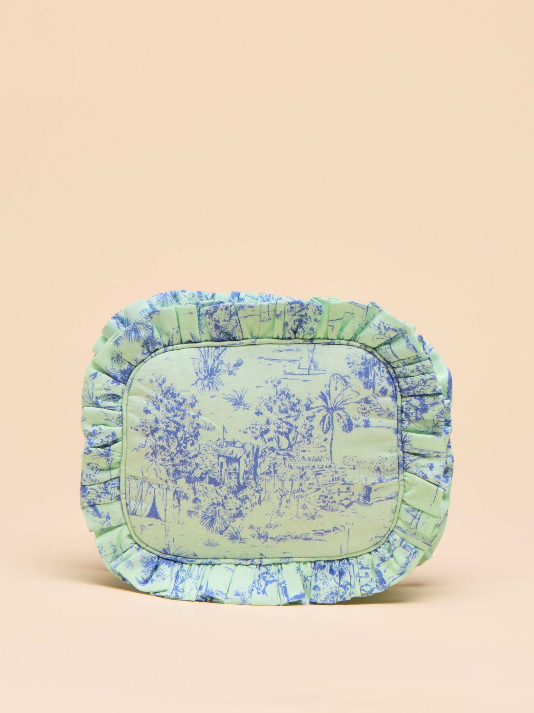 Nina Green & Blue Toile de Jouy Cotton Frill Wash Bag