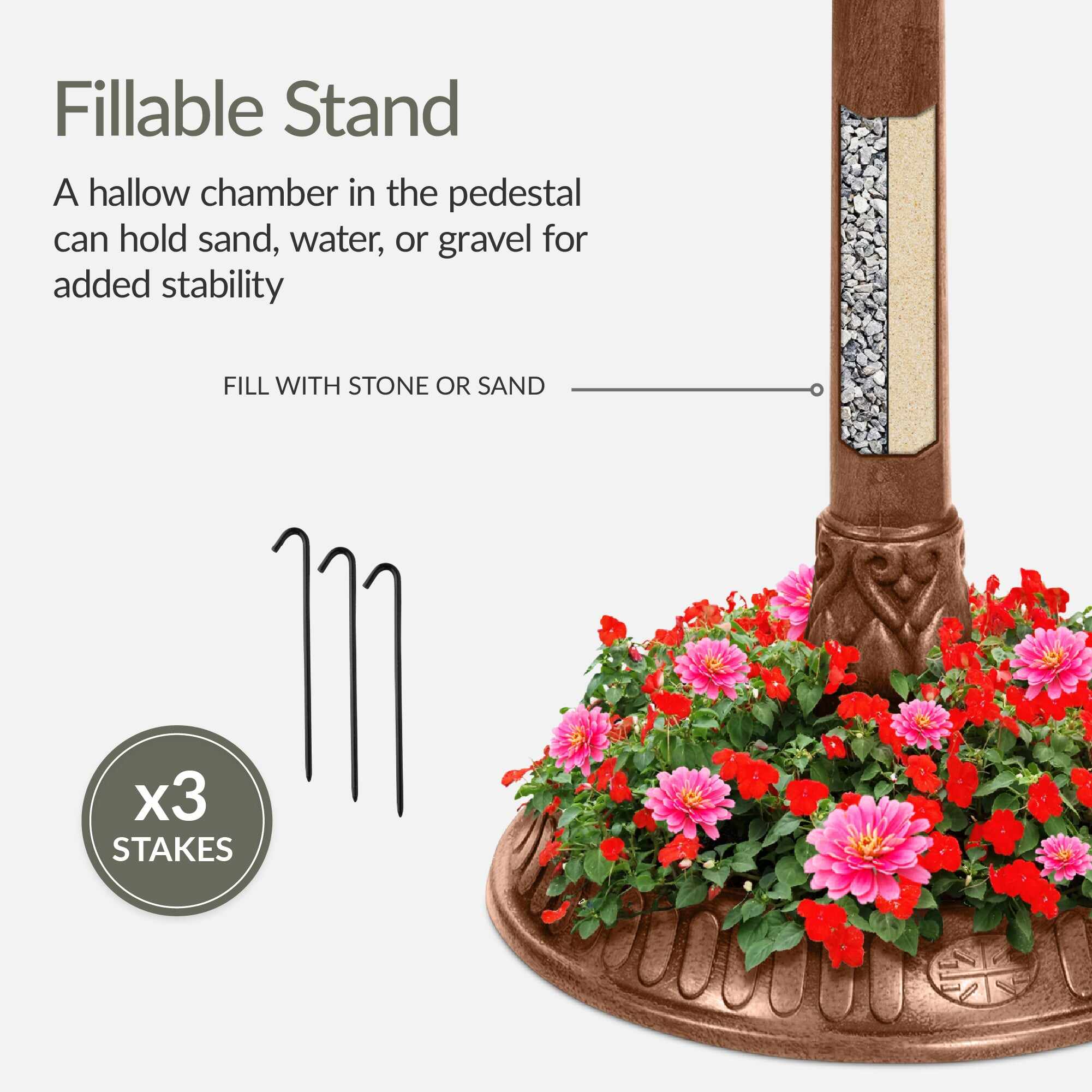 Solar Lighted Outdoor Pedestal Bird Bath w/ Planter, Decorative Bird Cage