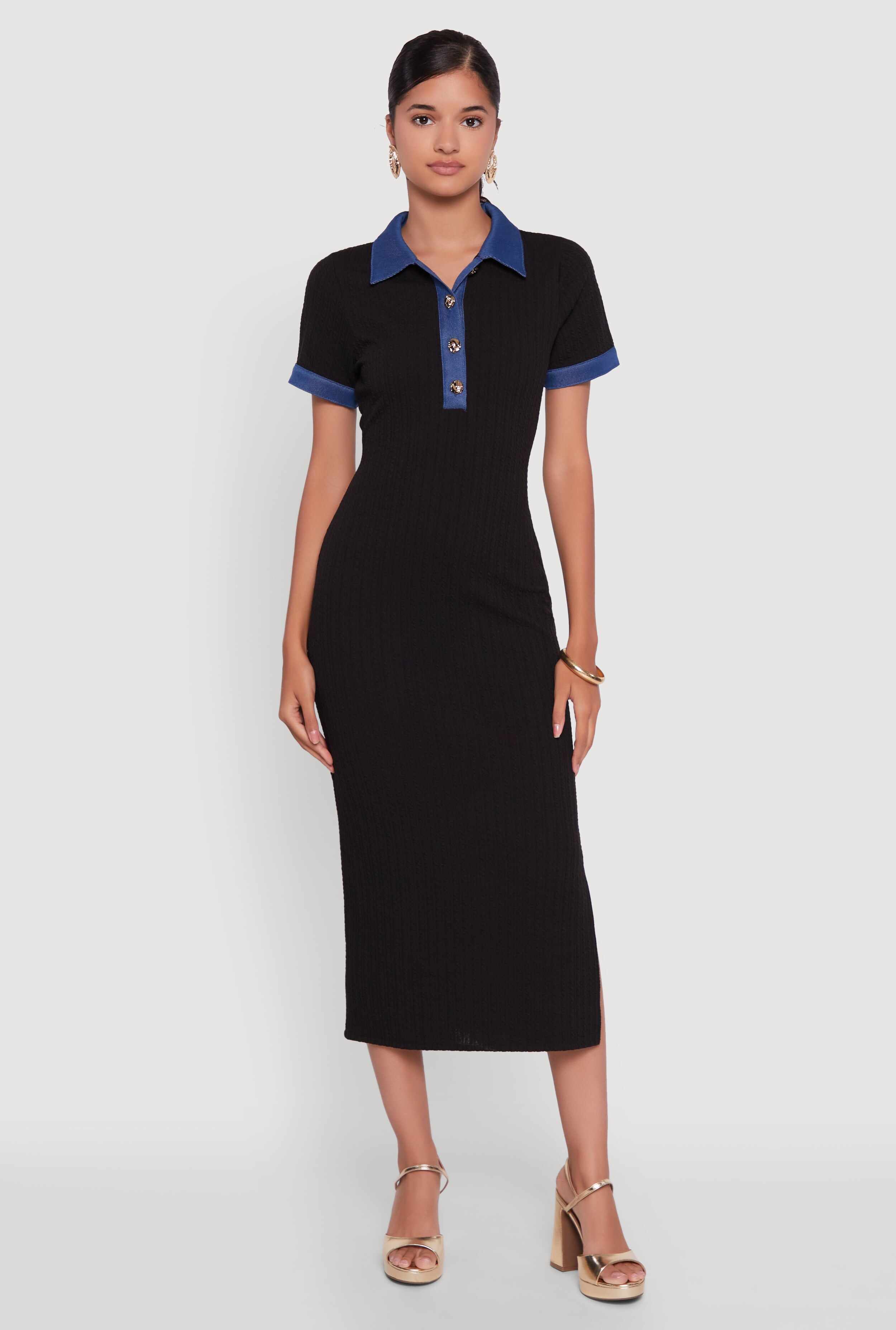 Denim Trim Dress with Polo Collar and Side Slit