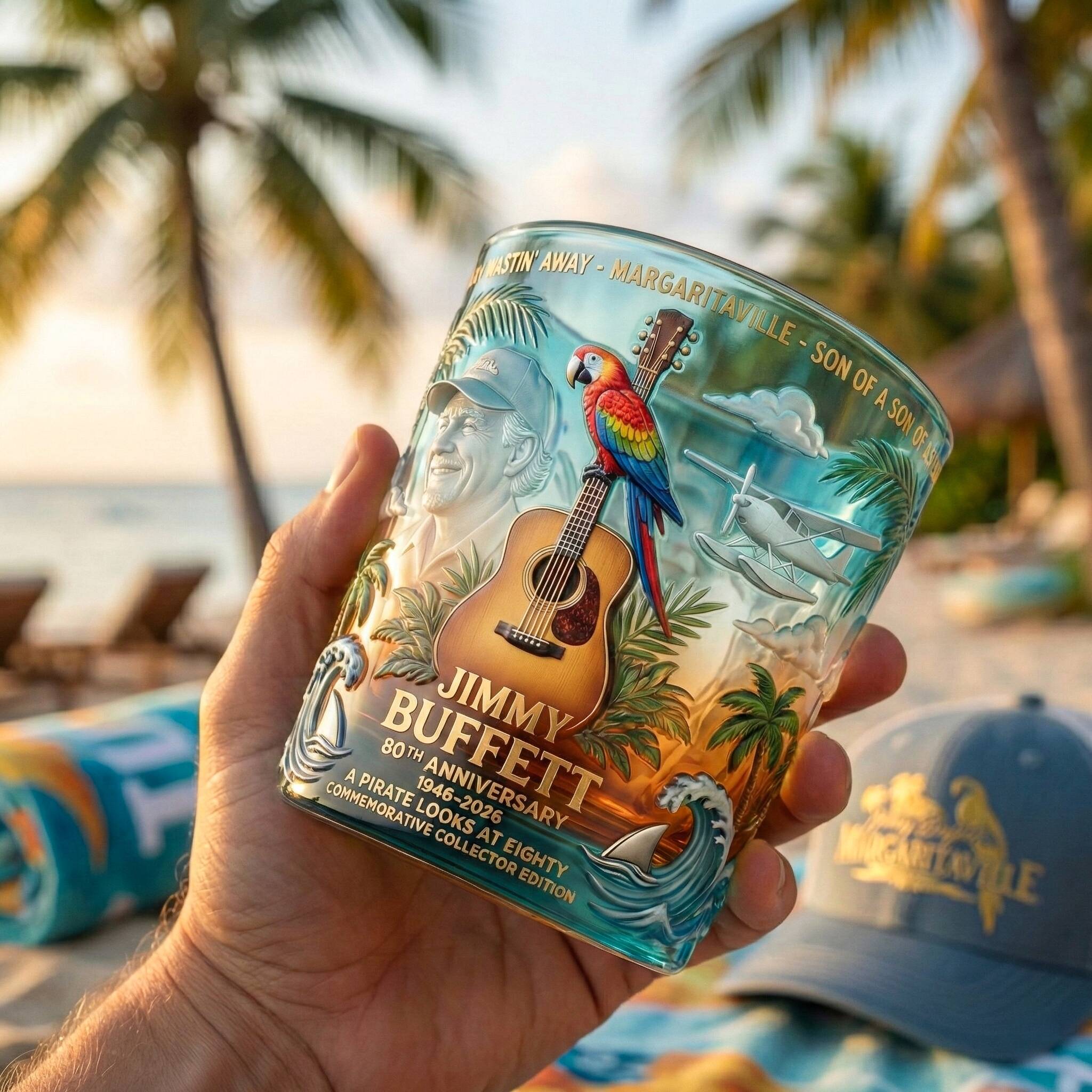 Jimmy Buffett 80th Anniversary Commemorative whisky glass