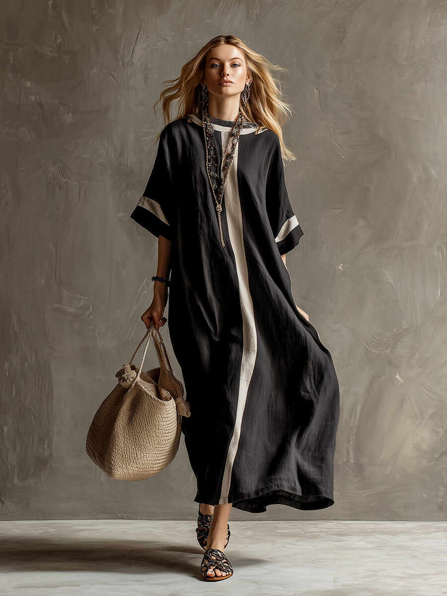 🔥Summer Arrivals🌟Stylish Urban Patchwork Black Cotton And Linen Short-sleeved Maxi Dress