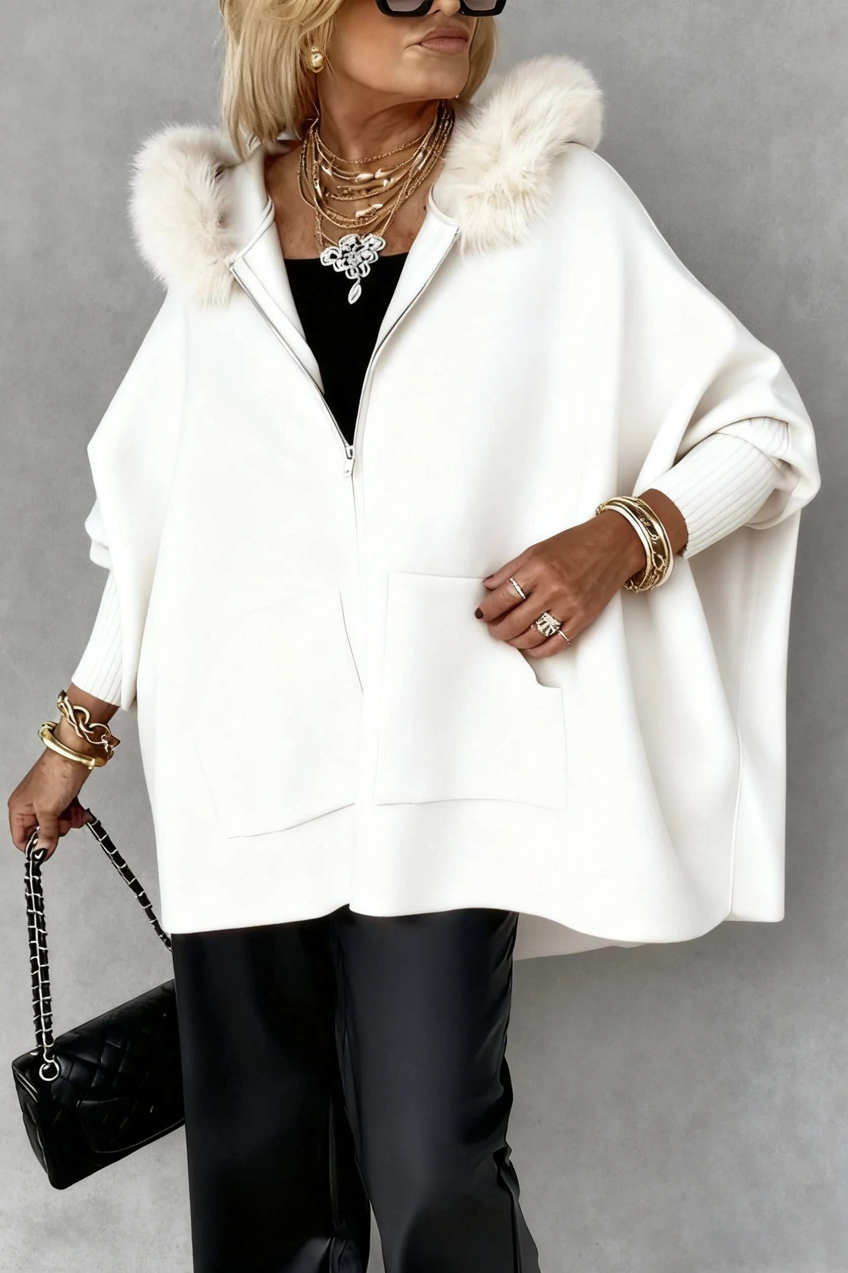 Women Fur Collar Solid Color Casual Jacket