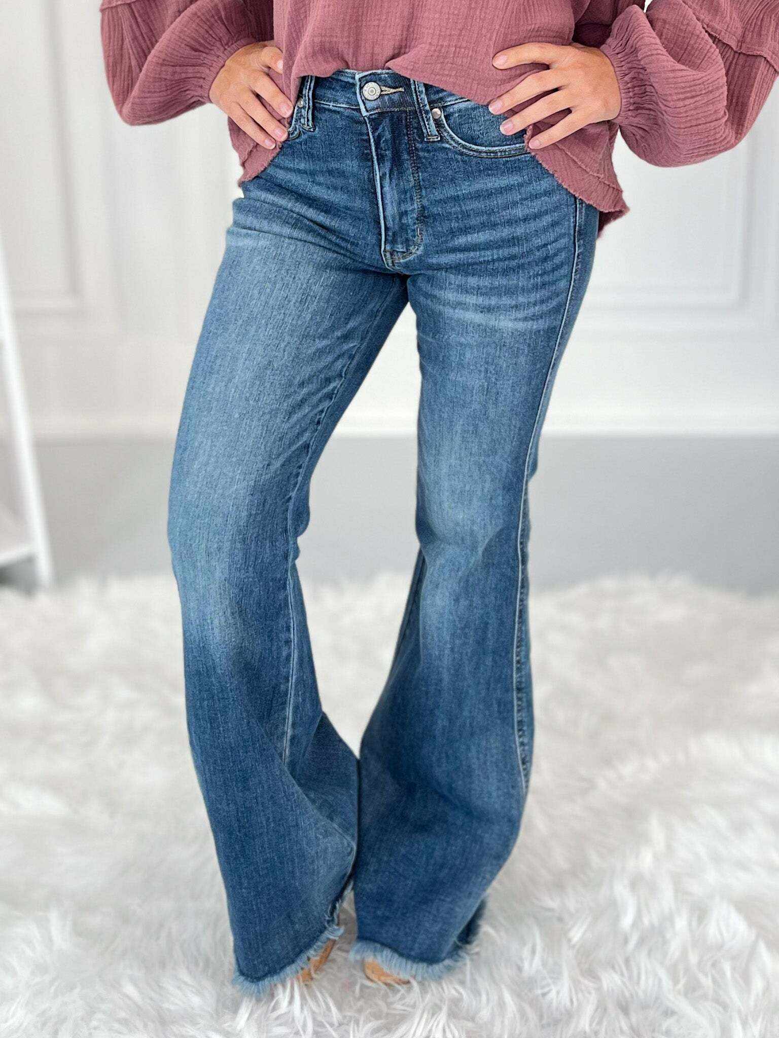 Christmas Tummy Control Fray Hem Flare Jeans- Final Sale
