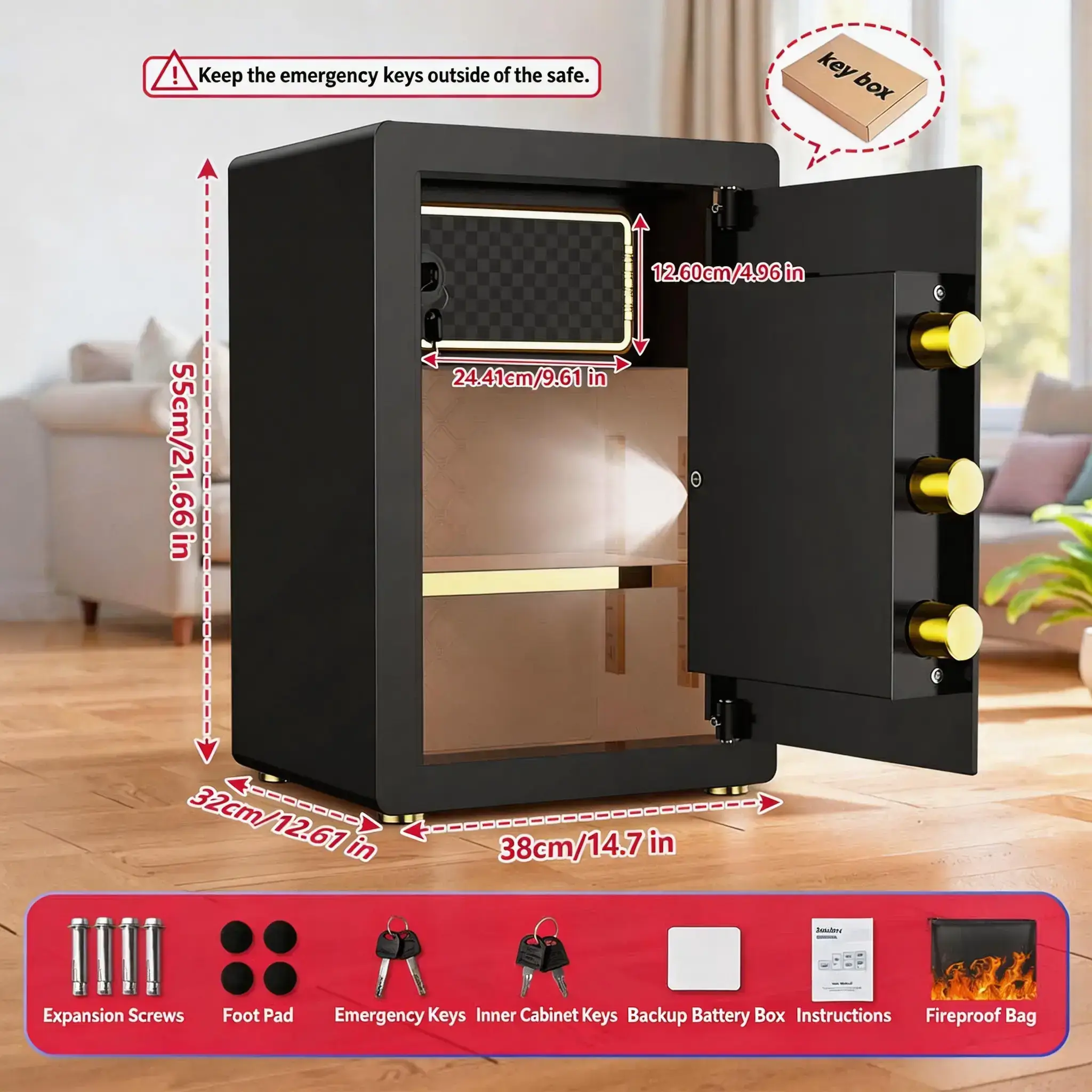 Large Safe Box, Digital Keypad Home Security Safe With Smart Alarm System & Interior Safe Lock Box, for Valuables Spy Gadgets Inner Safe Box with Fireproof Waterproof Bag, New Home Renovation Essentials,Adjustable Shelf